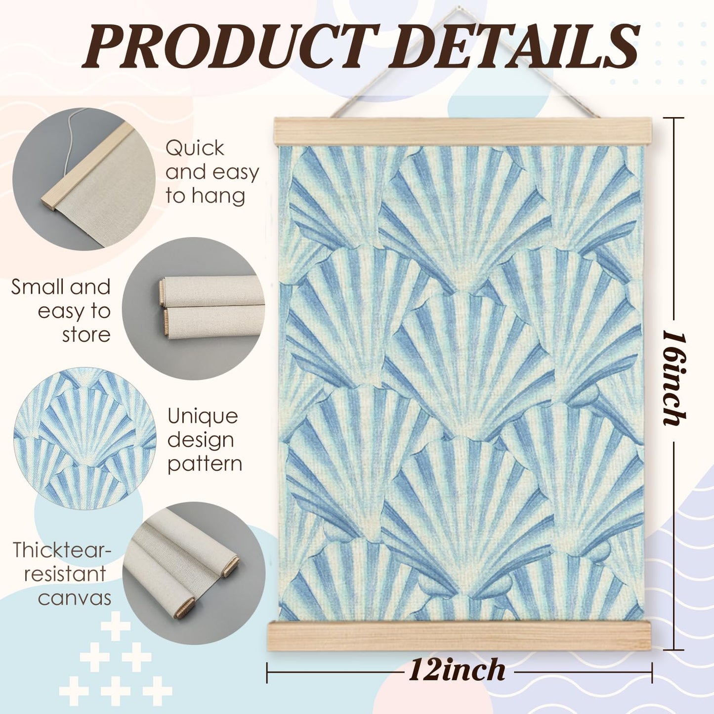 CIOJUNE Seashell Wall Decor, Trendy Preppy Blue Seashell Wall Art Poster Hanger Frame, Preppy Beach Room Decor, Coastal Beachy Canvas Prints Wall Art for Home Living Room Dorm Decor, 12x16 Inch
