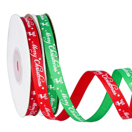 Merry Christmas Ribbon 3/8 Inch, 25 Yards/Roll x 2 Rolls Reindeer and Snowflakes Prints Grosgrain Ribbons for Gift Wrapping Bows Holiay Party Decorations.（red + Green）