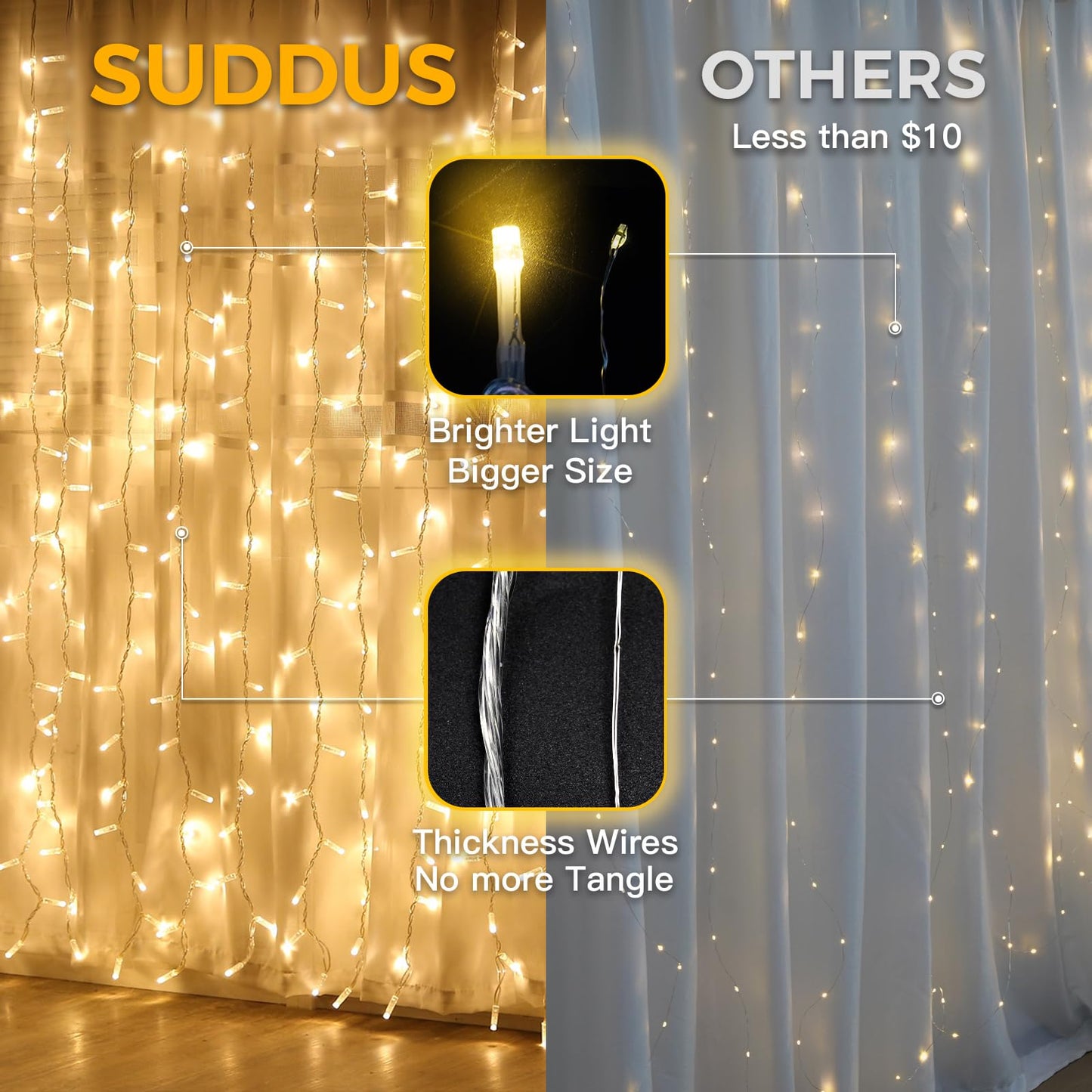 suddus Curtain Lights for Bedroom, 200 Led Hanging String Light Outdoor, Fairy Curtain Lights Indoor for Christmas, Dorm, Wall, Backdrop, Window, Wedding, Party, Birthday Decor, Warm White