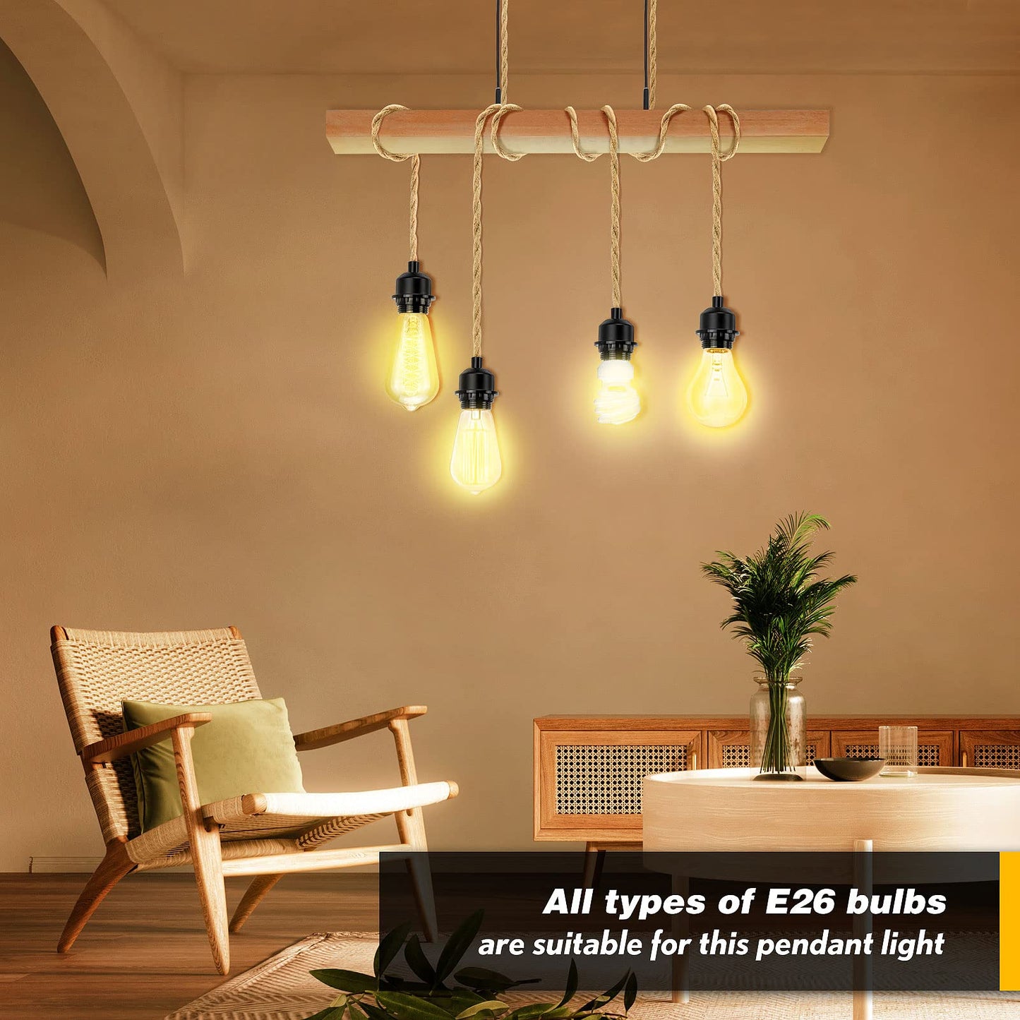 LYOOWNG Plug in Pendant Light Cord, Farmhouse Hanging Lights with Plug in Cord, 15FT Hemp Rope Plugin Hanging Light Cord Kit with On/Off Switch, E26 E27 Light SocketCord, Bulb NOT Included