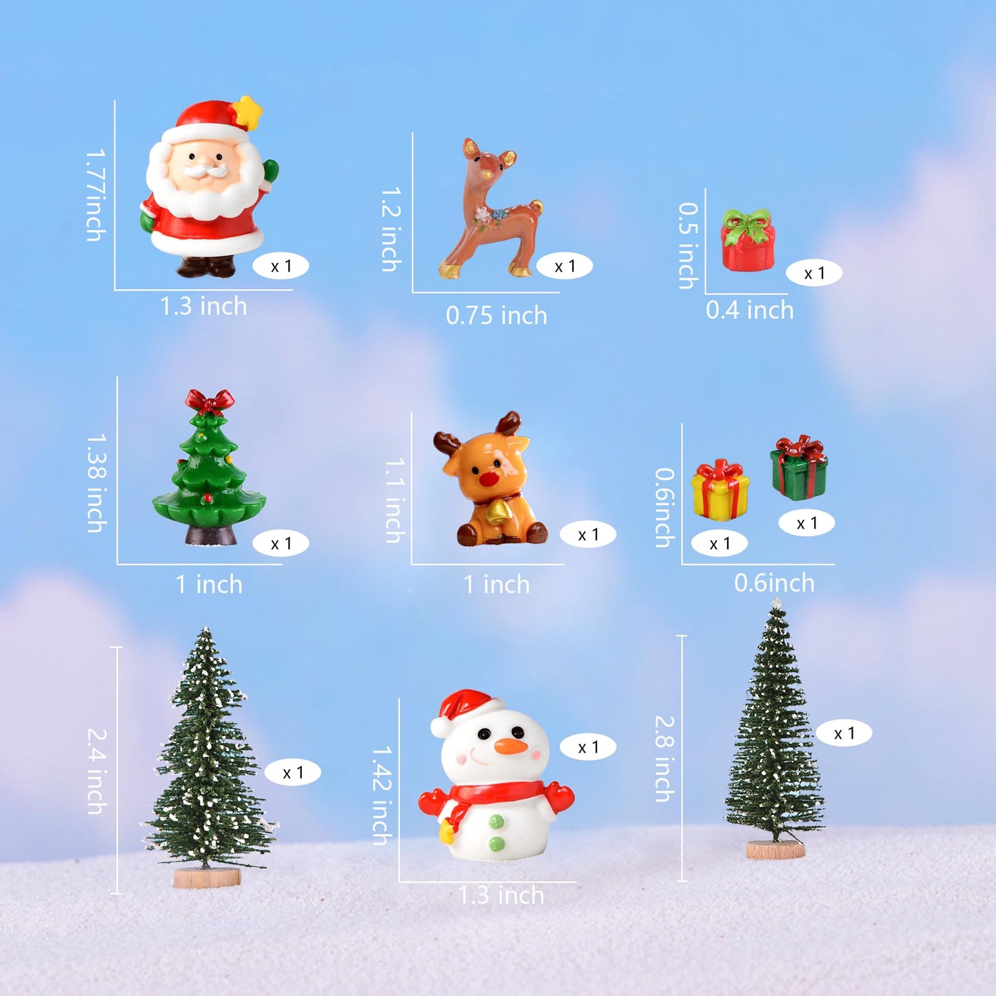 48PCS Christmas Miniature Figurines Mini Resin Christmas Ornaments Kit with Snowman Santa Claus Trees Wooden Display Stand Pine Needles Trees Cones Theme for DIY Xmas Decor Fairy Garden