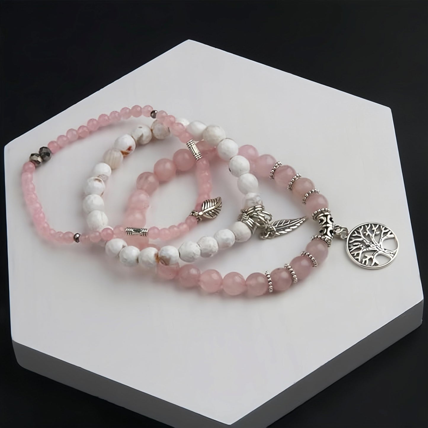 Jardme Rose Quartz Healing Pink Crystal Bracelets for Women, 8mm Beaded Natural Stone Stretch Chakra Bracelets Tree of Life Bracelet Jewelry Gifts for Women
