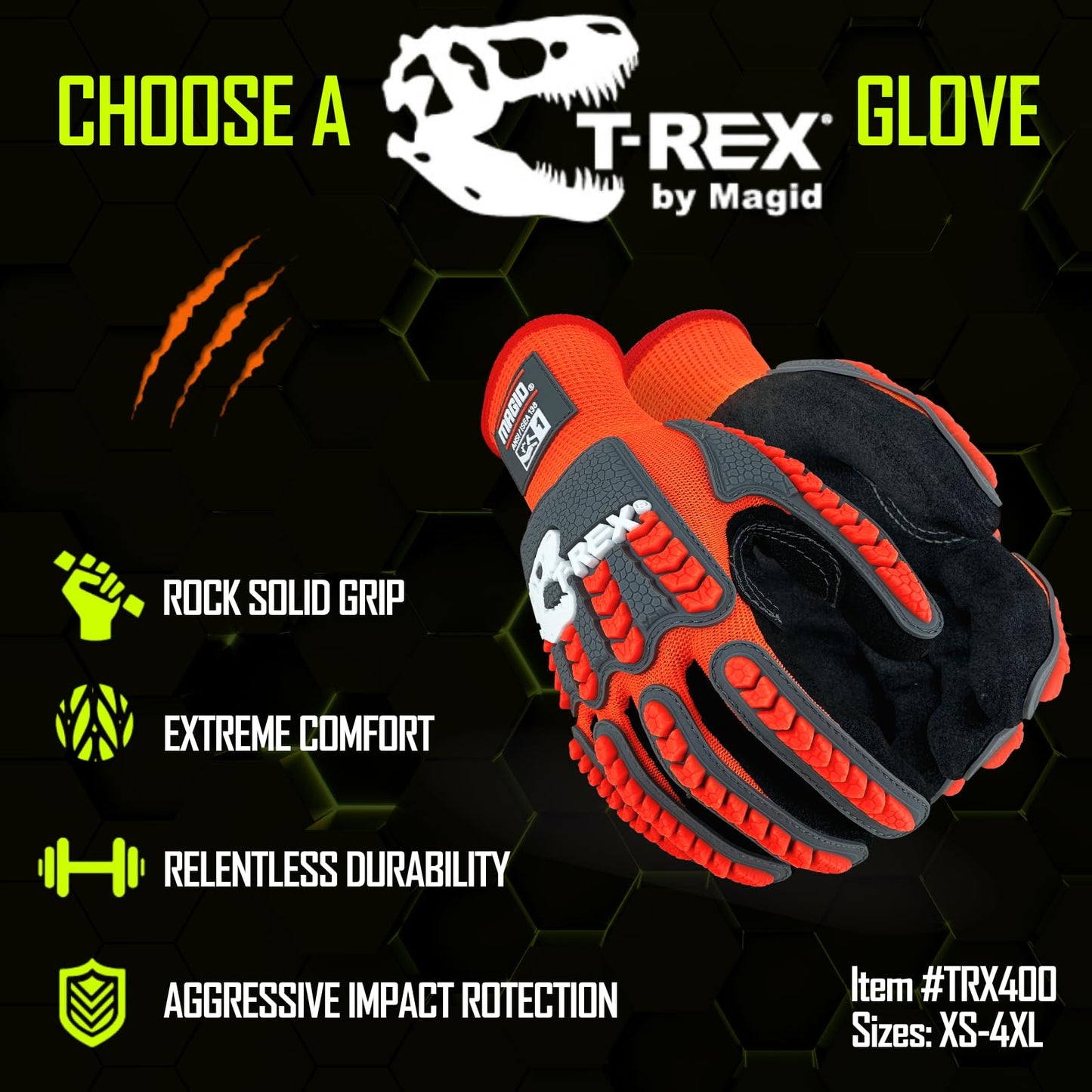MAGID T-REX Flex Series Sandy Nitrile Coated Knit Impact Gloves, 1 Pair, 10/XL, TRX400