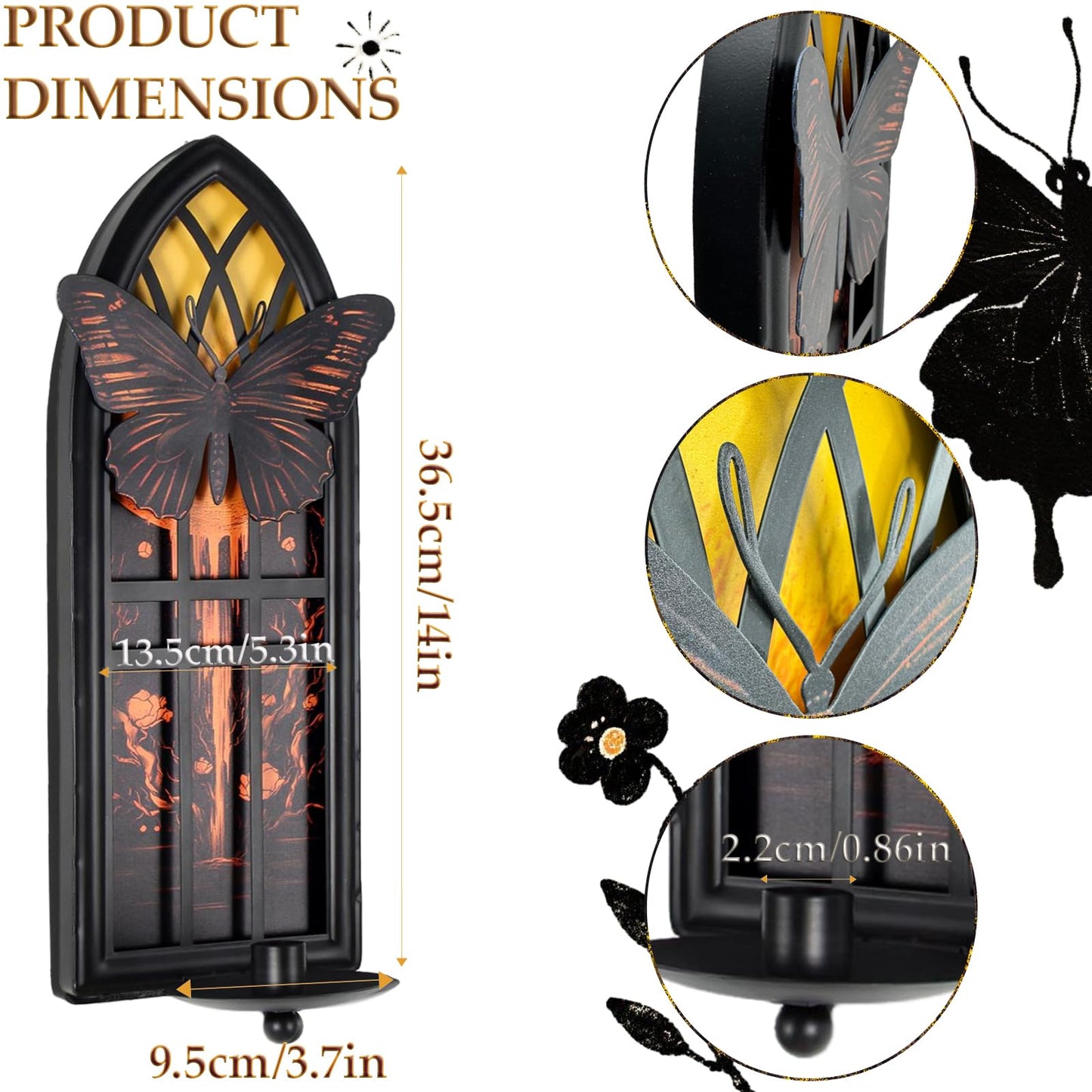 AimtoHome Gothic Wall Candle Sconces Set of 2, Butterfly and Moon Iron Wall Mounted Candelabra Holder with Removable Trays for Taper & Pillar Candles, Romantic Garden & Boho Home Decor