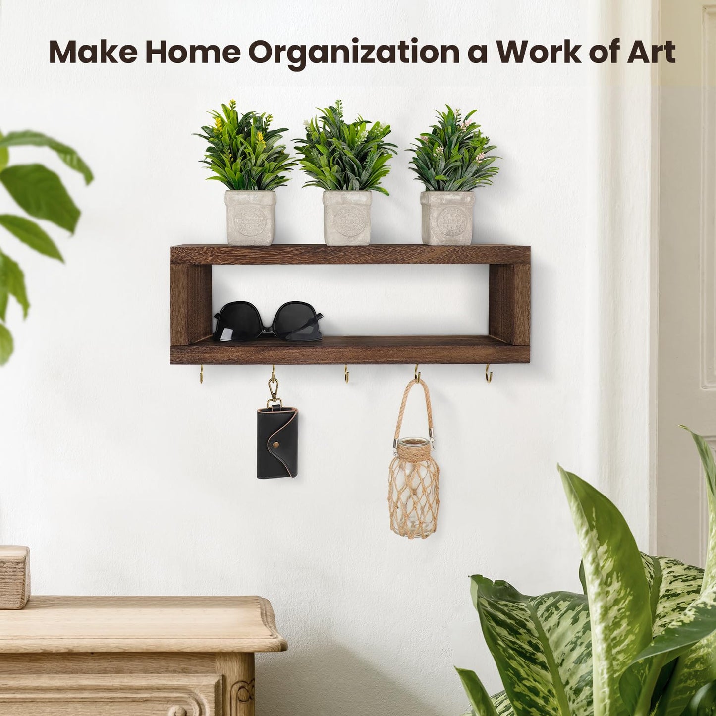 Lwenki Wall Shelf with Hooks - Decorative Key and Wallet Holder for Wall Holds Sunglasses, Leashes, Scarves and Lanyards - 15.7" x 5.1" x 2.9" Entryway Organizer Made of Paulownia Wood (Brown)