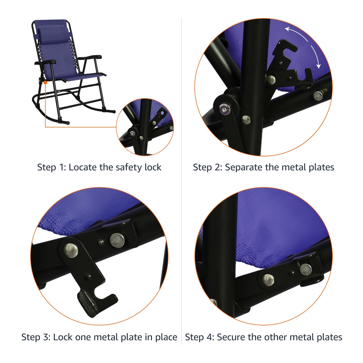 Amazon Basics Outdoor Portable Folding Rocking Chair with Headrest, Ergonomic Design, Weather-resistant Textilene Fabric for Porch, Blue