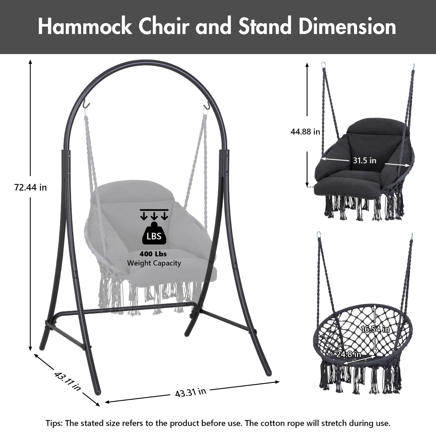 ANOW Hanging Swing Chair with Stand Included, Heavy Duty Hammock Chair with Stand and Removable Padded Cushion, Max 400 Lbs, Dark Grey