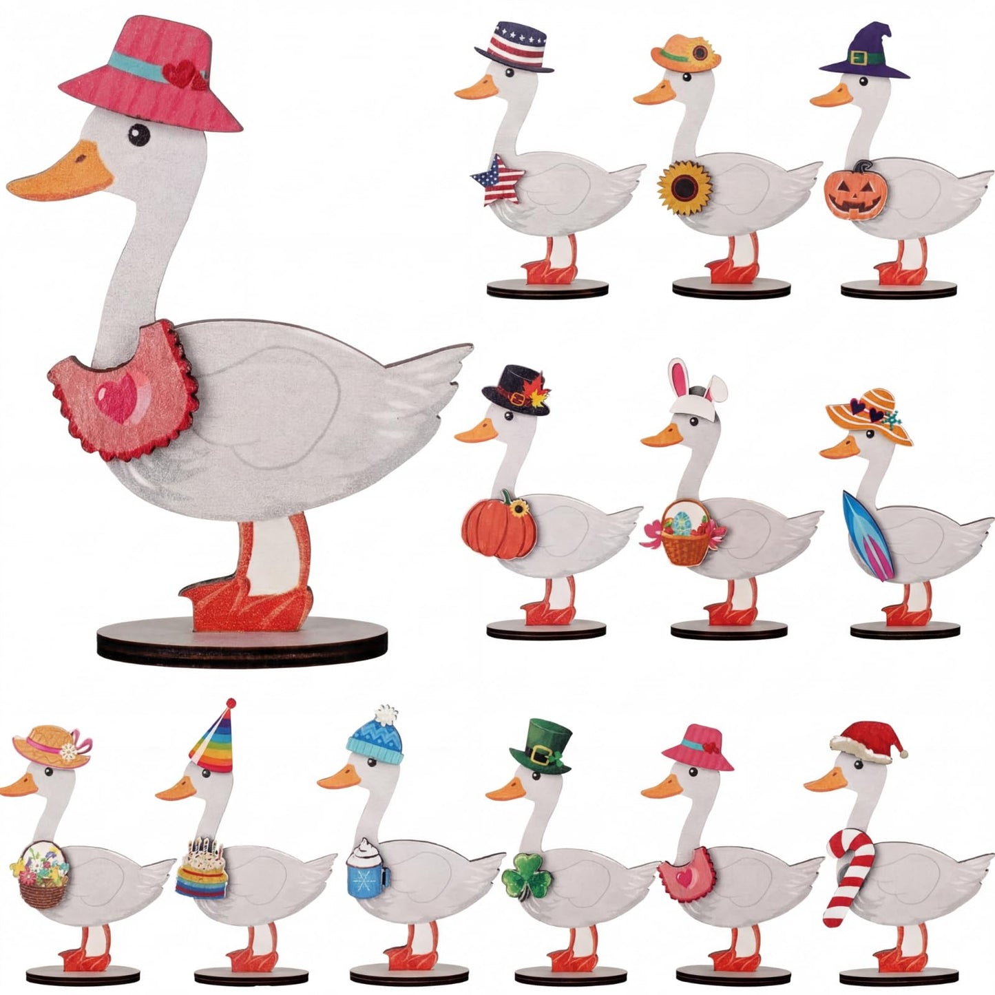 Amyhill 26 Pcs Holiday Interchangeable Desk Goose Decor Mini Wooden Seasonal DIY Goose Outfits with Magnetic All Season Table Centerpiece Signs for Table Desk Gift, 3.7 x 4.7 Inches