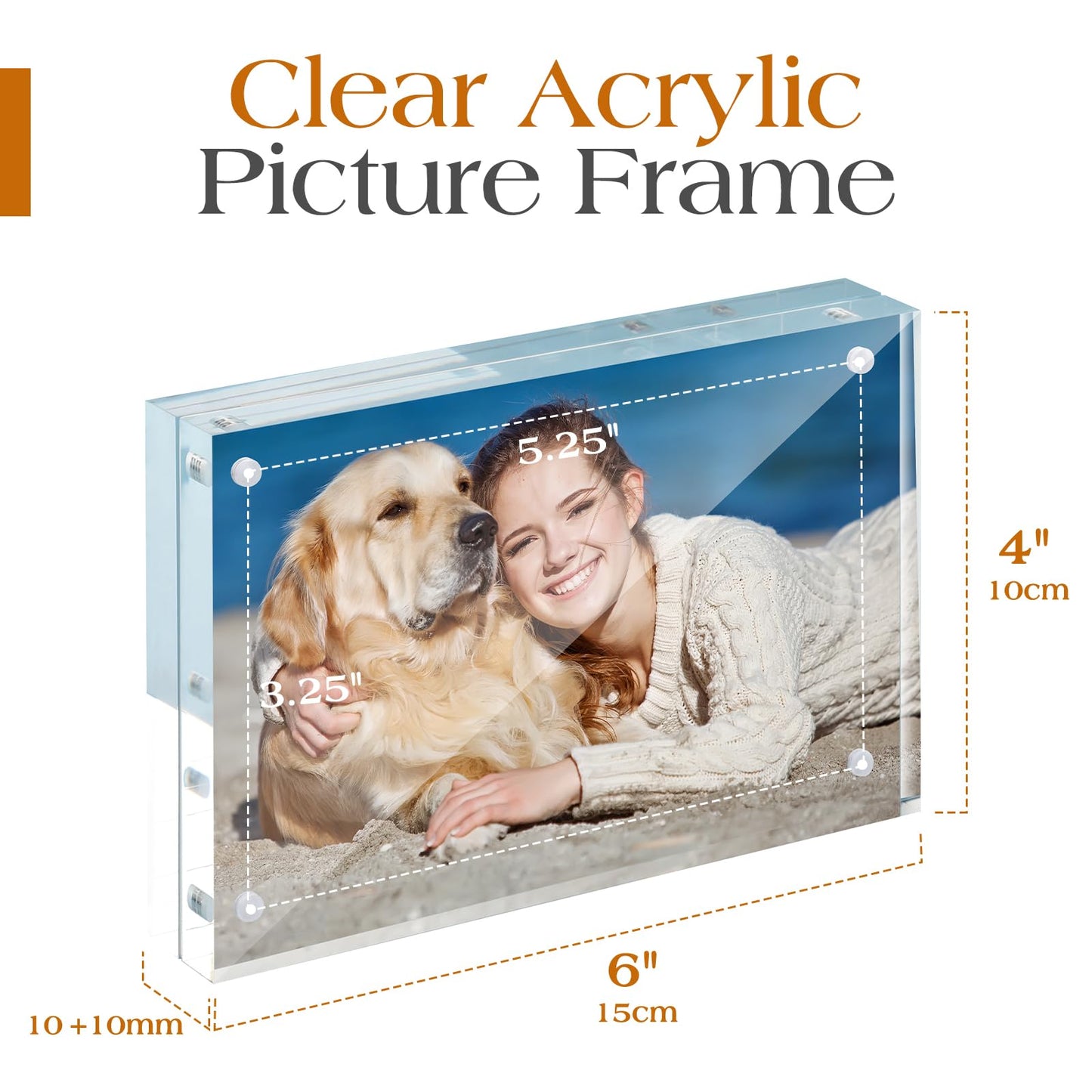 TWING 3 Pack 4 x 6 Acrylic Frame,Acrylic Picture Frames Horizontal Magnet Double Sided 4x6 Picture Frame,10+10MM Thick Clear Frameless Desktop Display Magnetic Block Photo Frame Gift Ideal