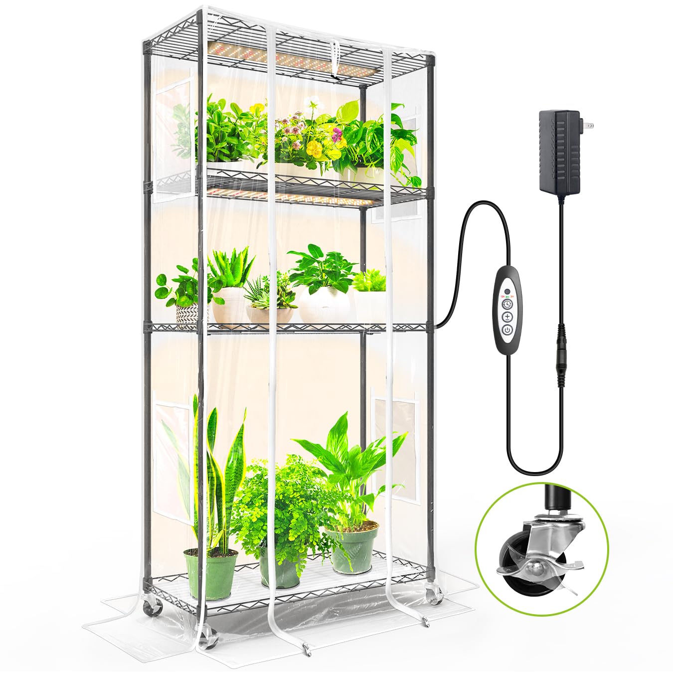SpeePlant Indoor Greenhouse with Grow Light and Shelves - 4 Tier Plant Stand with Grow Light, Zippered PVC Cover and 3 Dimmable 1.8FT 60W Grow Lights with Timer, 30" L X 14" W X 59" H, Black