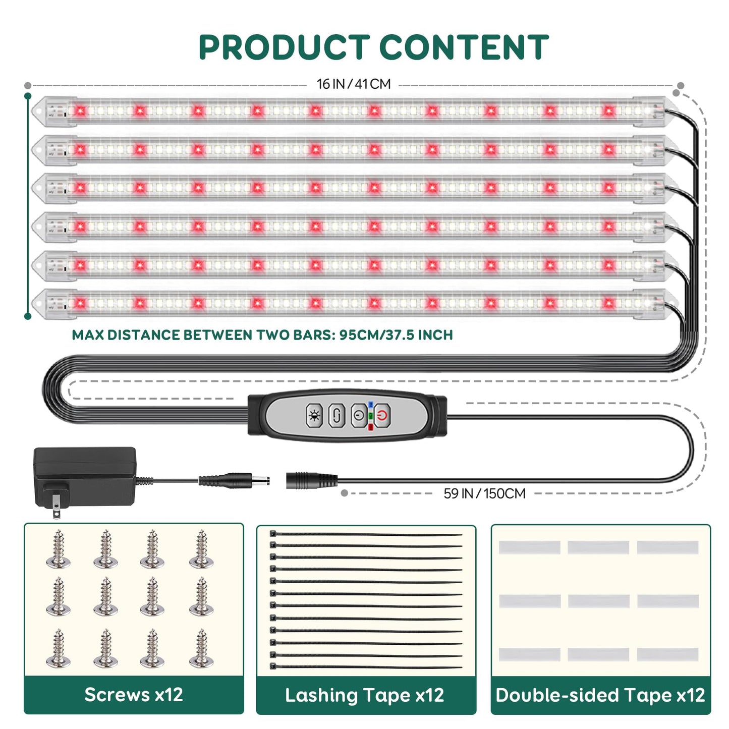 LPMZMBL 6-Bar Grow Light Strips for Indoor Plants, 16" Full Spectrum Plant Lights, 6500K Sunlike Grow Lights with 6/12/18H Timer, 5-Level Dimmable for Indoor Growing