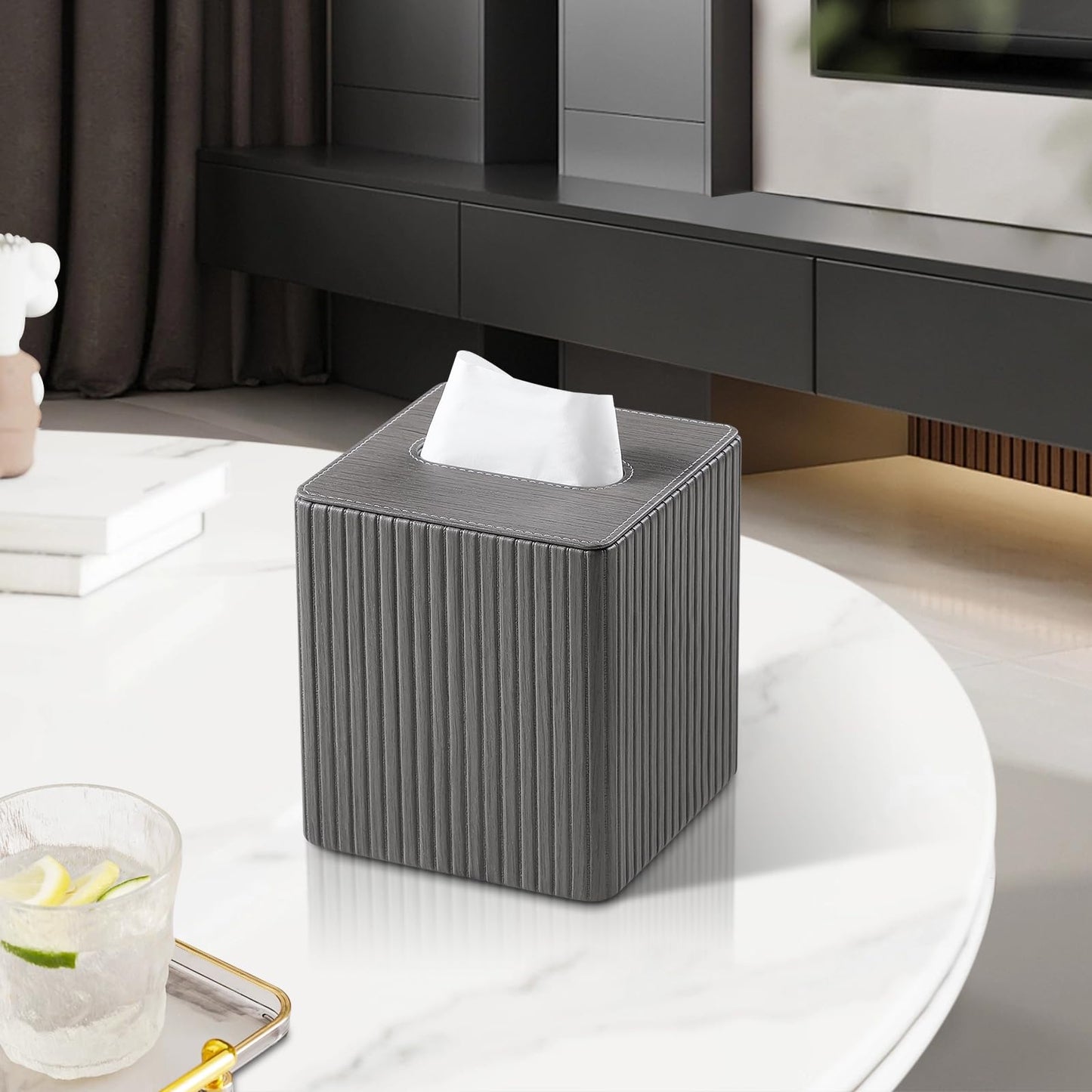 MEIBOOCH PU Leather Tissue Box Cover Square Tissue Box Holder with Magnetic Closure (Slate Grey)