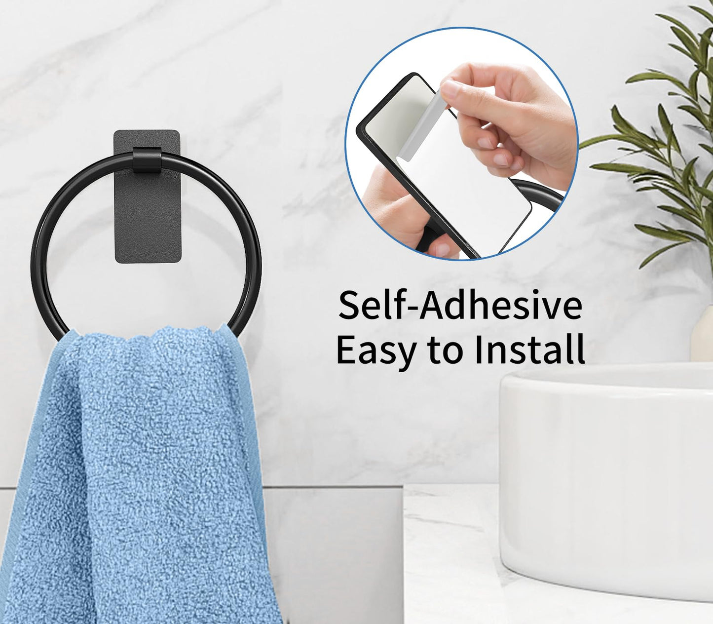 STWWO Adhesive Towel Ring, Hand Towel Holder for Bathroom, Adhesive Round Towel Ring for Bath RV, Black