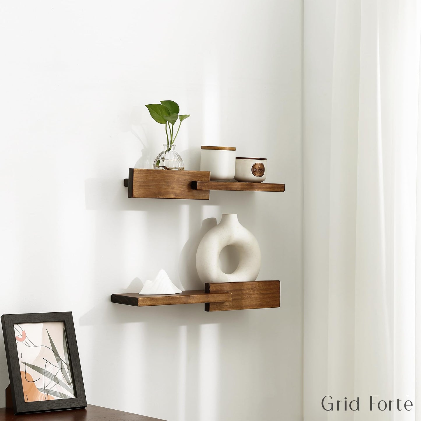 GRID FORTE Wood Floating Shelf Set of 2, 4.5D x 15W Inch Modern Reversible Wall Shelves, Minimalism Wall Mount Hardwood Shelves, Wall Decor for Bedroom Living Room Kitchen (Walnut)