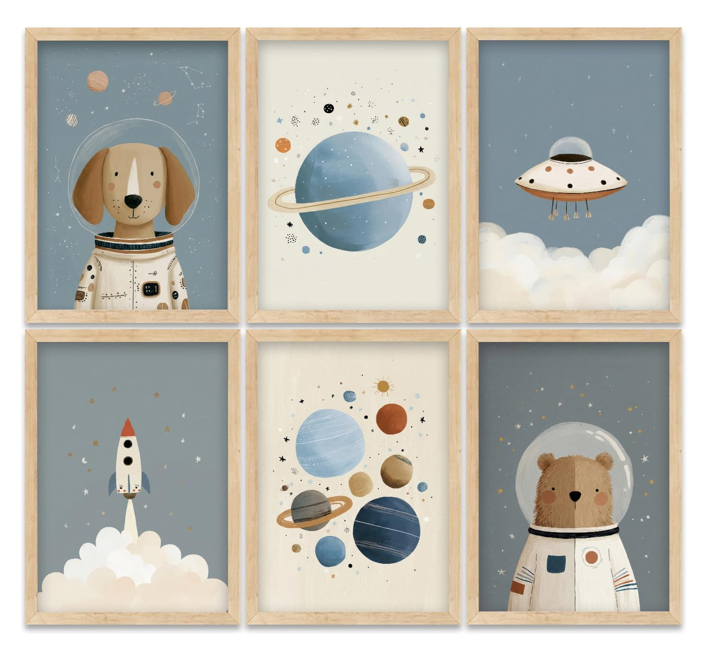 Puncland Cute Space Nursery Wall Art Funny Planet Rocketship and Astronaut Poster Cute Animals Decor Pictures Whimsical Adventure Nursery Painting Print Artwork for Nursery and Kids Bedroom Unframed