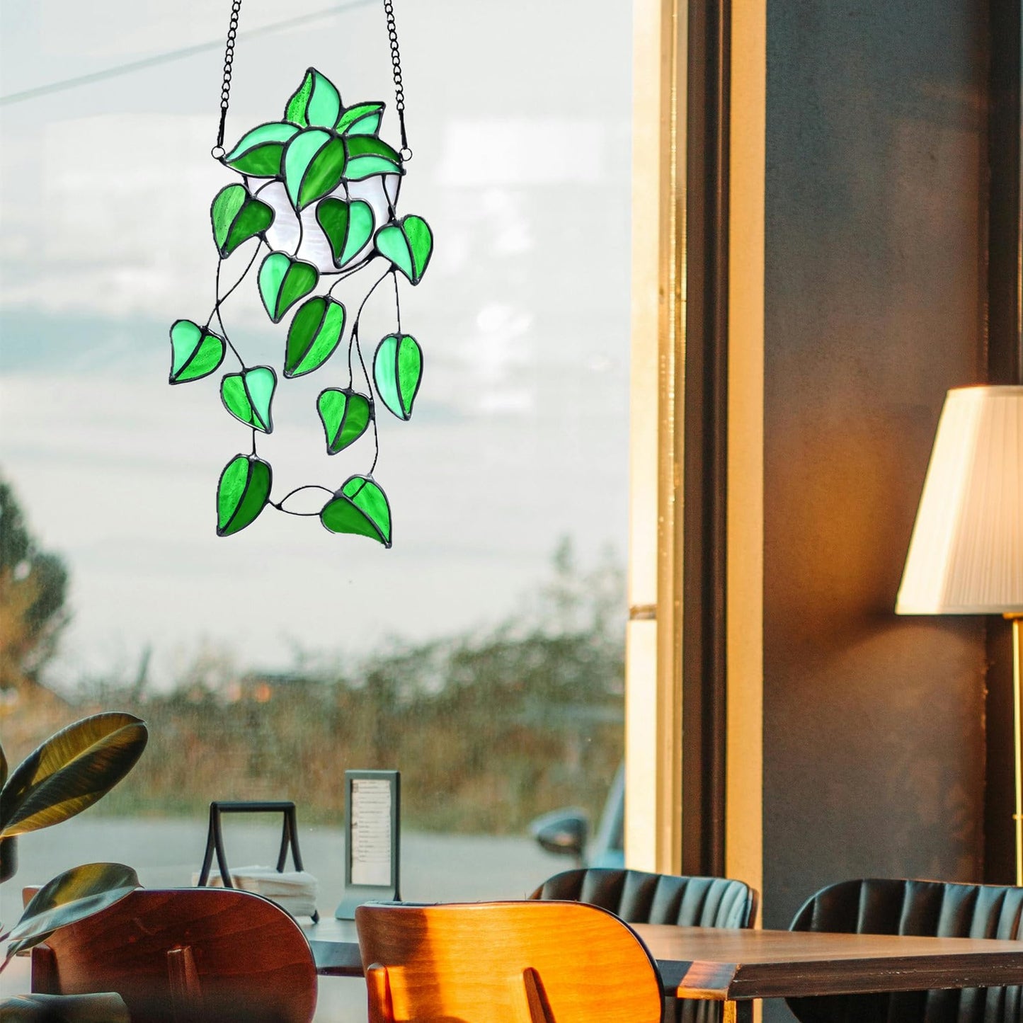 Lcensp Green Faux Plants Stained Glass Window Hanging Suncatcher, Artificial Plants Decor Gift for Women, Stain Glass Sun Catchers Indoor Window, Handcrafted Home Wall Art Decoration Ornament.