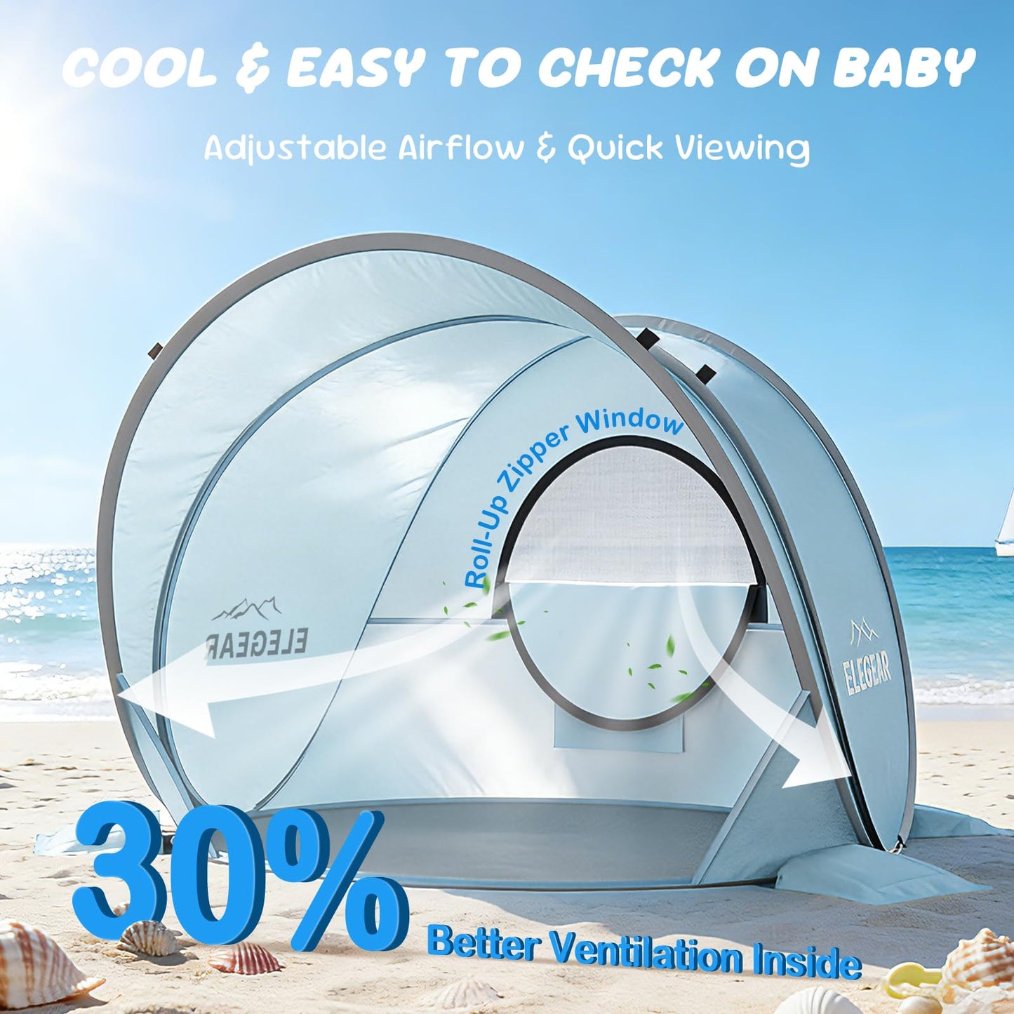 Elegear Pop Up Baby Beach Tent with Mini Canopy, CumbreX™ UPF 50+ UV Protection Baby Tent Sun Shelter, 1S Setup Portable Baby Beach Essentials Shade for Infant Toddler Outdoor Indoor Play - Blue
