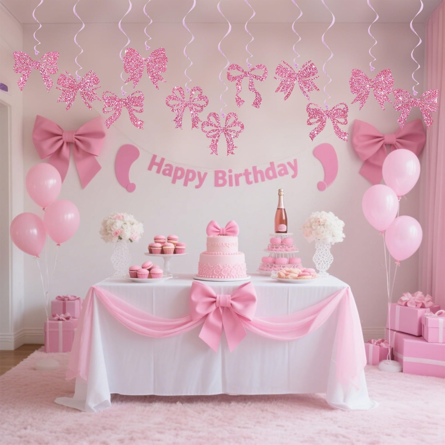 BEISHIDA Pink Bow Party Hanging Swirls Decorations, 18PCS Glitter Bow Party Decorations for Birthday Wedding Baby Shower Bachelorette Supplies