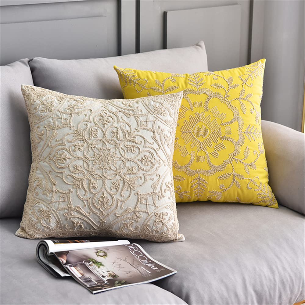DOKOT Embroidery Throw Pillow Case Covers Square Cushion Cover 100% Cotton with Zipper for Home Decorative 20x20 inches(50x50cm) (Beige, 2 Pieces)