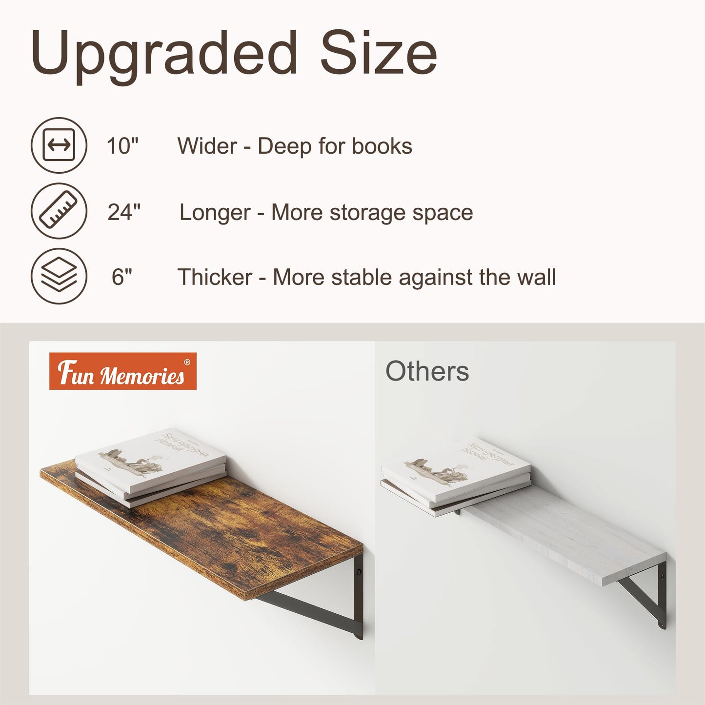 Deep Floating Shelves for Wall, 24"W x 10"D Wall Shelves Set of 2, 10 Inch Deep Floating Shelf with Brackets, Wide Display & Storage Shelves for Books, Living Room, Kitchen, Bathroom, Rustic Brown