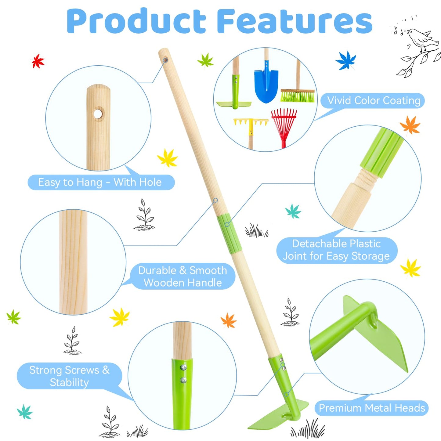 Theefun Kids Garden Tool Set: Safe Toddler Size Hoe, Rake, Shovel, Leaf Rake, Broom 5-Piece Kids Gardening Tools with Wooden Handle and Metal Head for Child Christmas Outdoor Toys Gift for Boys Girls