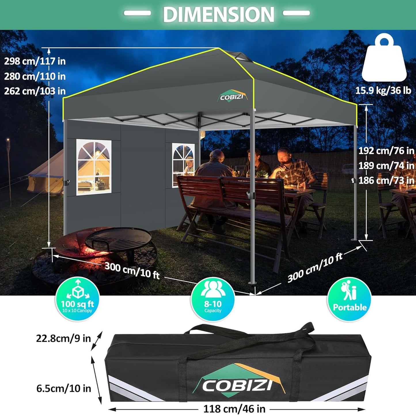 COBIZI 10x10 Pop up Canopy Tent with Sidewalls One Person Setup, Easy Outdoor Commercial Event Gazebo Shelter Enclosed Waterproof with Air Vent, 4 Sandbags for Garden,Party,Grey