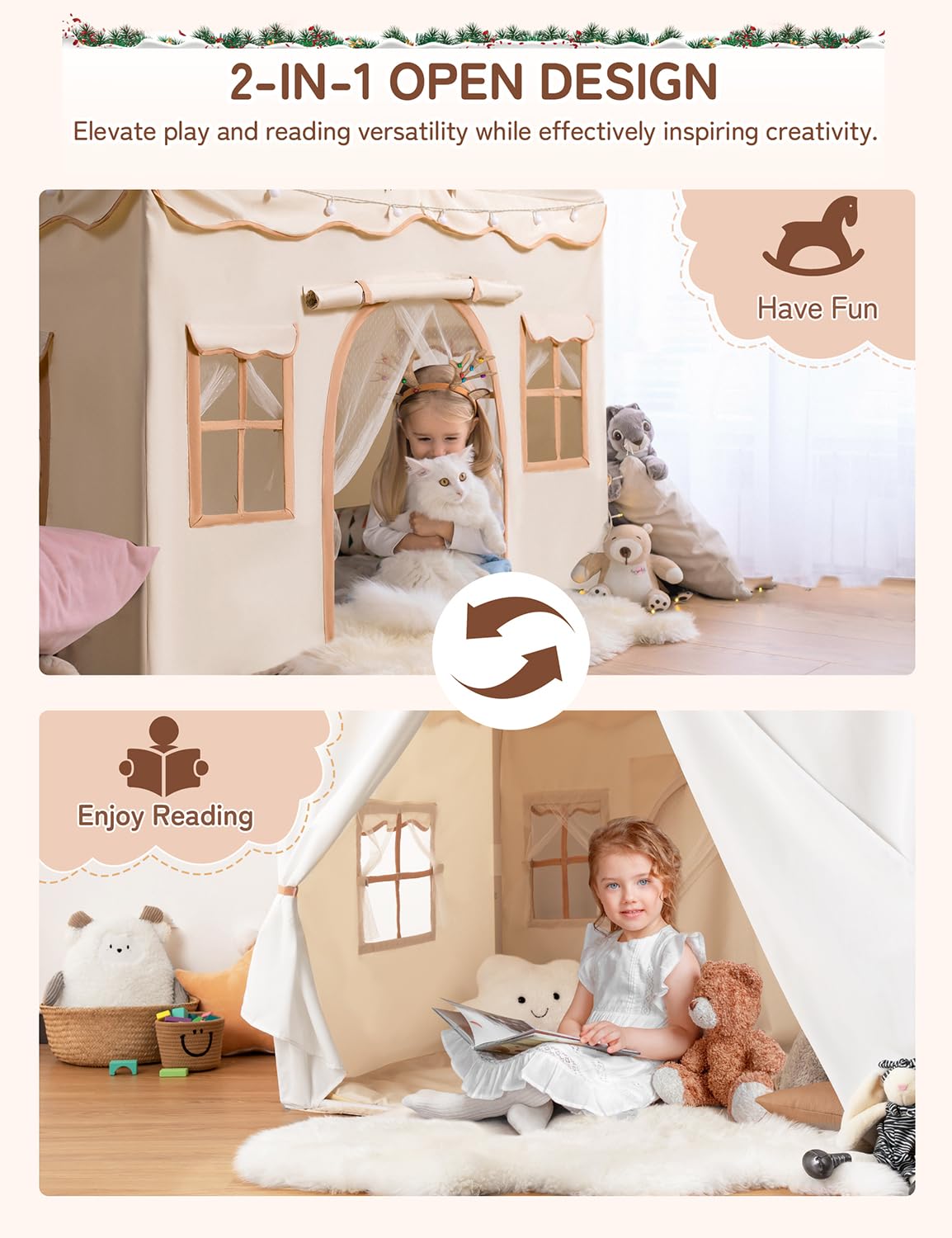Besrey Kids Play Tent 2 in 1 with Padded Mat and Lights, Large Kids Playhouse with 2 Doors & 4 Windows, Indoor & Outdoor, Christmas Toddler Tent, 51" x35" x 51"