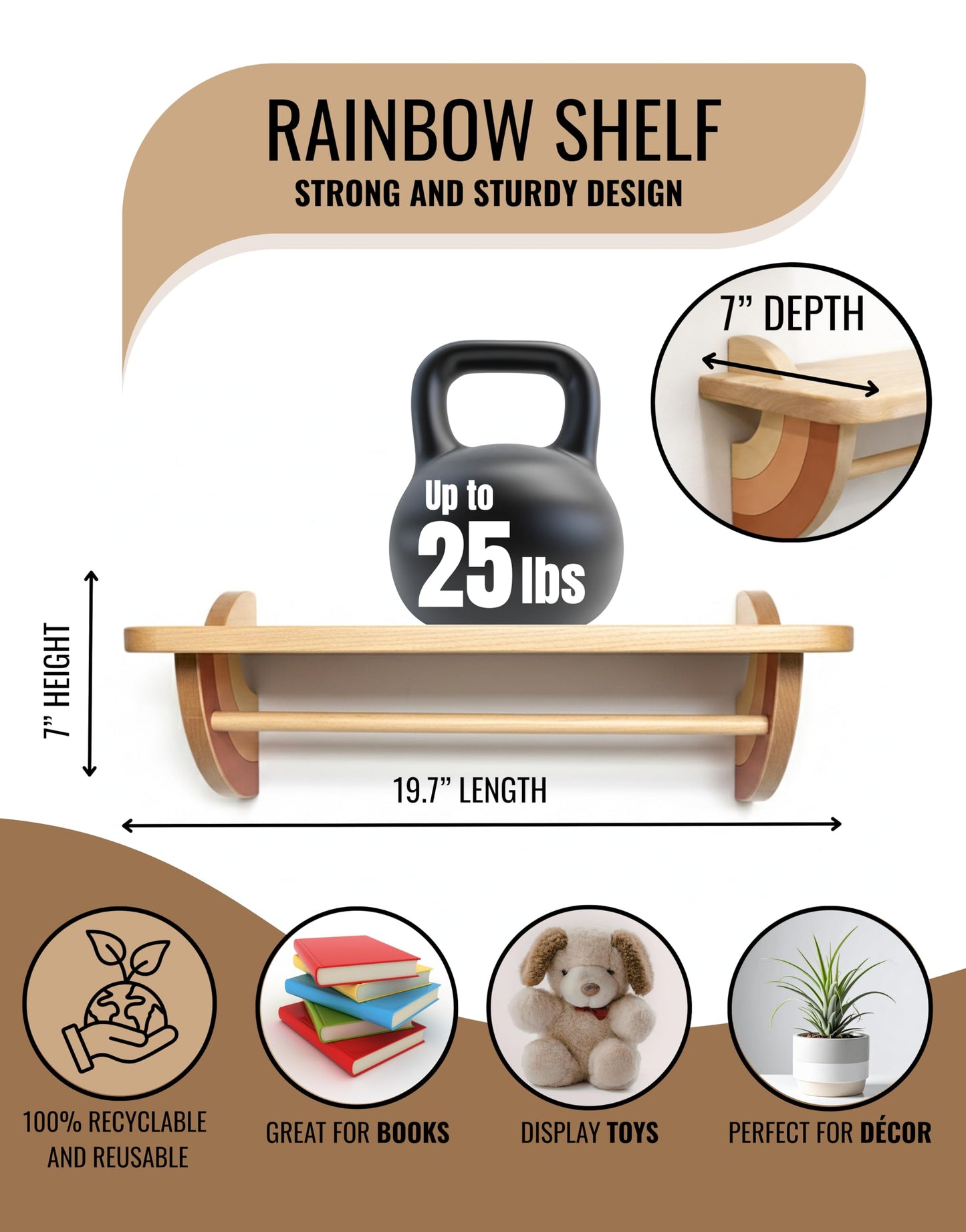KitzeyBee Nursery Book Shelves Set of 2 - Solid Beech Wood Rainbow Floating Bookshelf for Kids Wall, Wall Mounted Toddler Bookshelf with Hanging Bar for Baby Room Decor, Holds 25 lbs (Pastel, 19.7in)