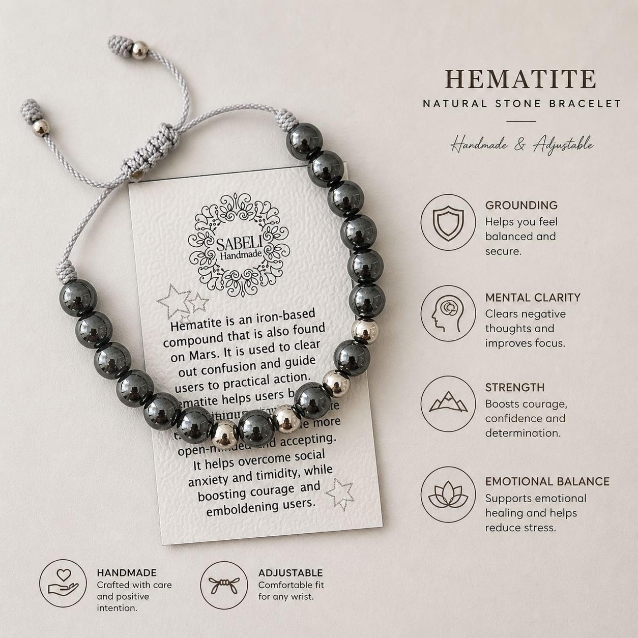 Sabeli Handmade Bracelets Real Natural Stones Healing Protection Focus 8mm Bead Adjustable Macrame Women Men Gemstone Gift (Hematite)