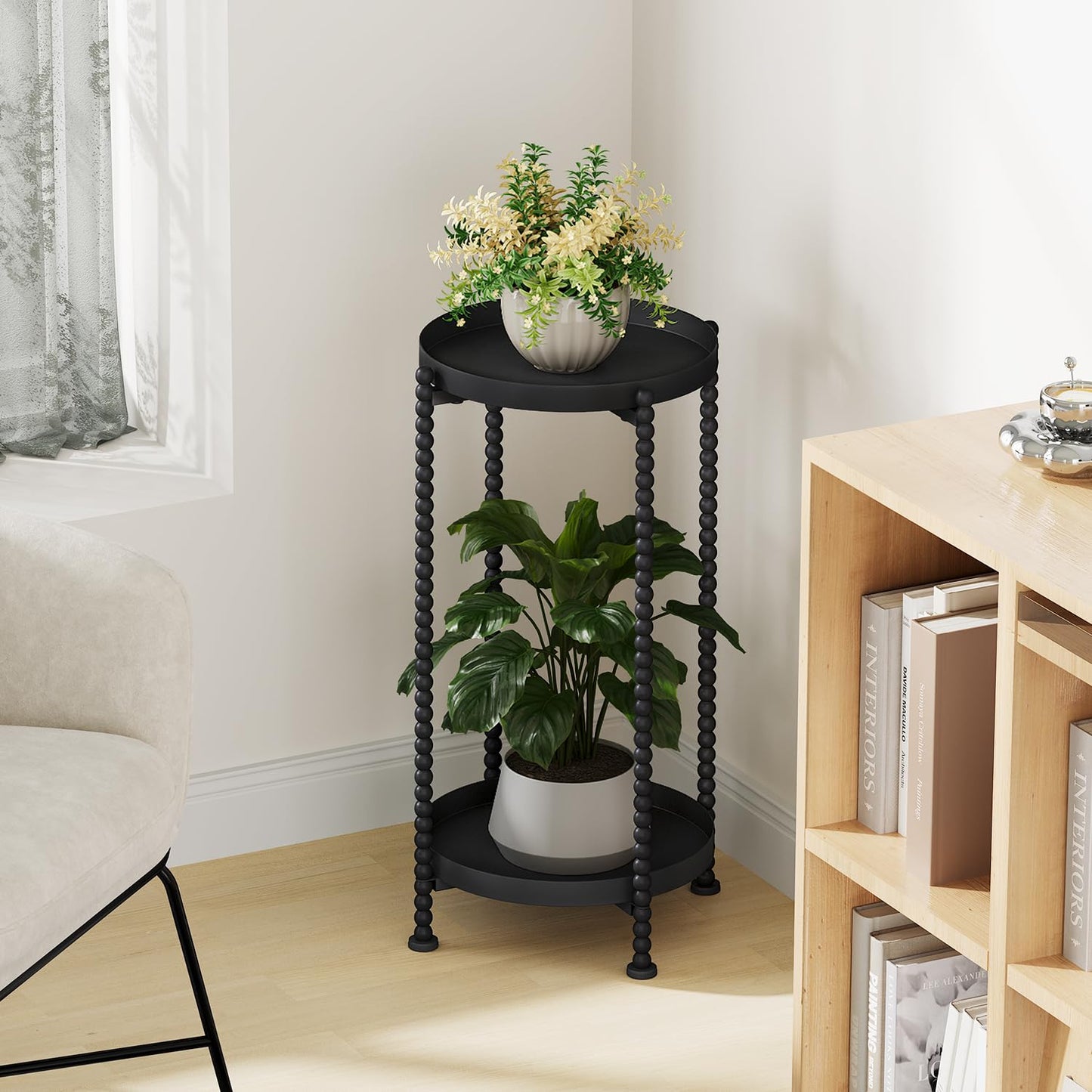 YINMIT Plant Stand Indoor Outdoor, 2 Tier Metal Plant Stand, Metal Spindle Poles Plant Stands Outdoor, Corner Flower Pot Stand, Plant Tables Indoor for Patio Garden Balcony Living Room Black