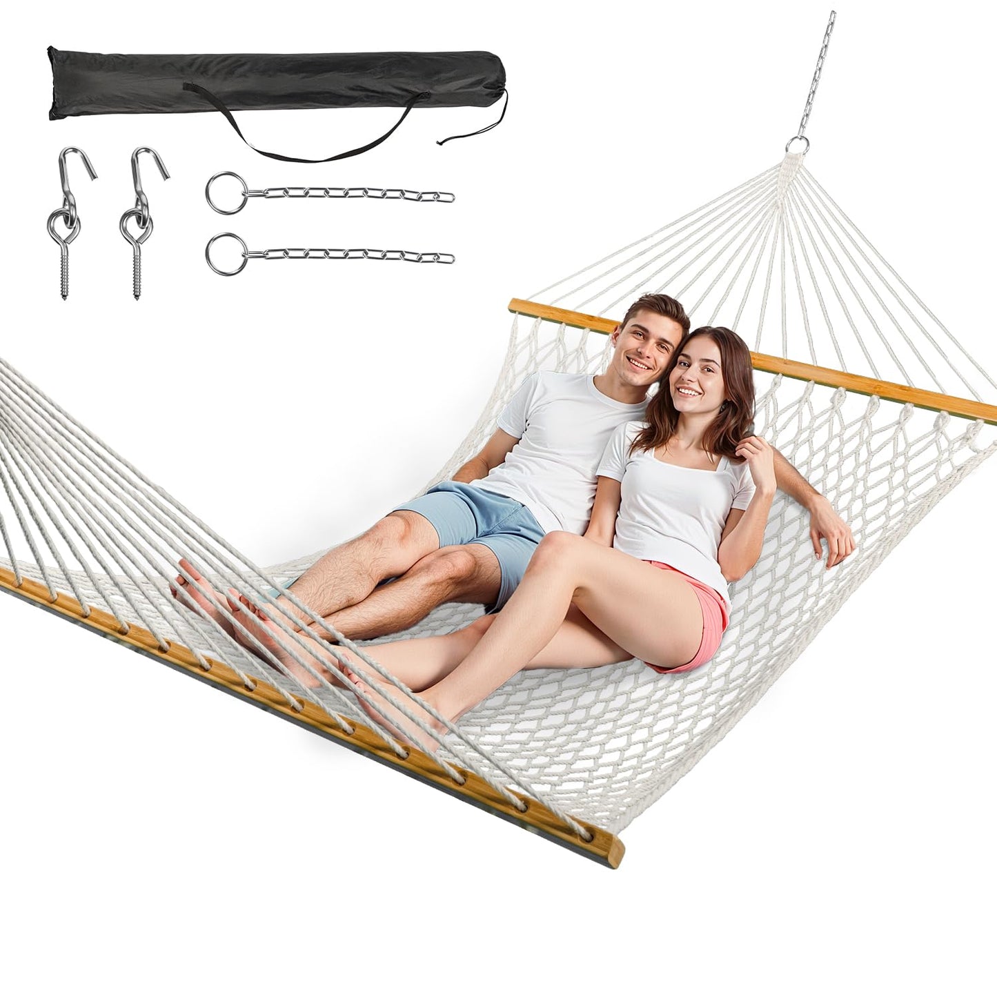 ANAGOO Double Hammock for 2 Person, Handwoven Rope Hammock with Spreader Bar Without Stand - Indoor & Outdoor Use for Patio, Poolside, Backyard (White)