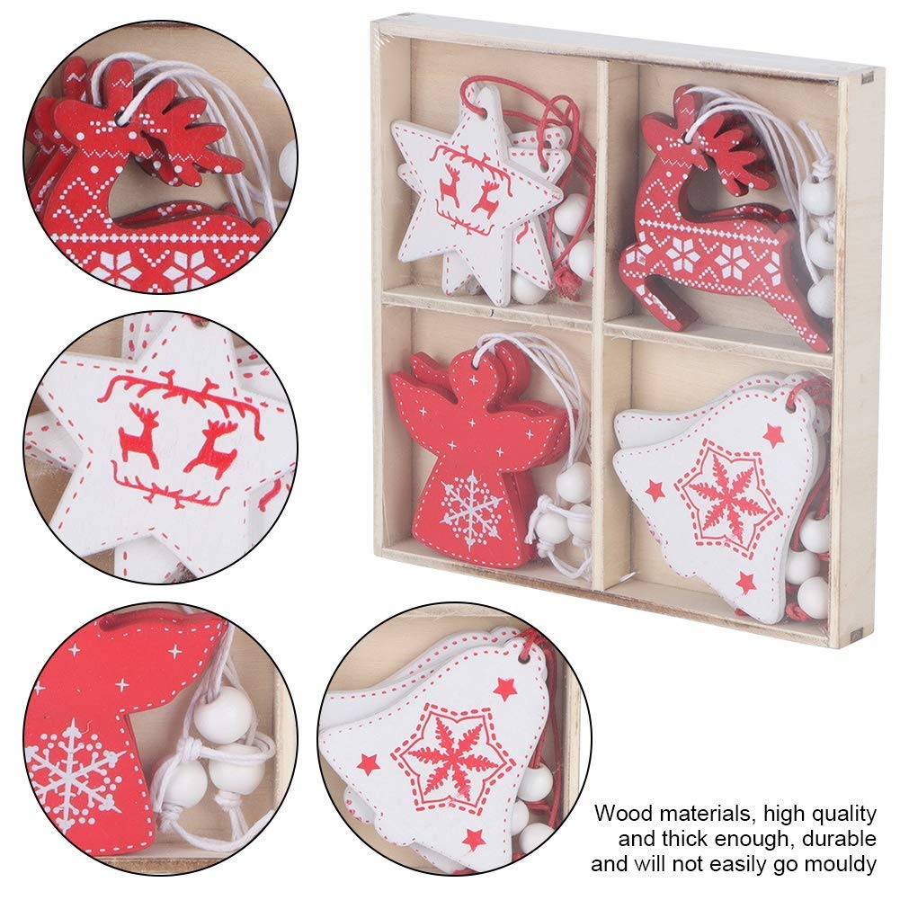Yosoo 12pcs Christmas Tree Hanging Pendant, Wooden Christmas Decoration with Ropes, Multi Color, Traditional with Whimsical Motifs
