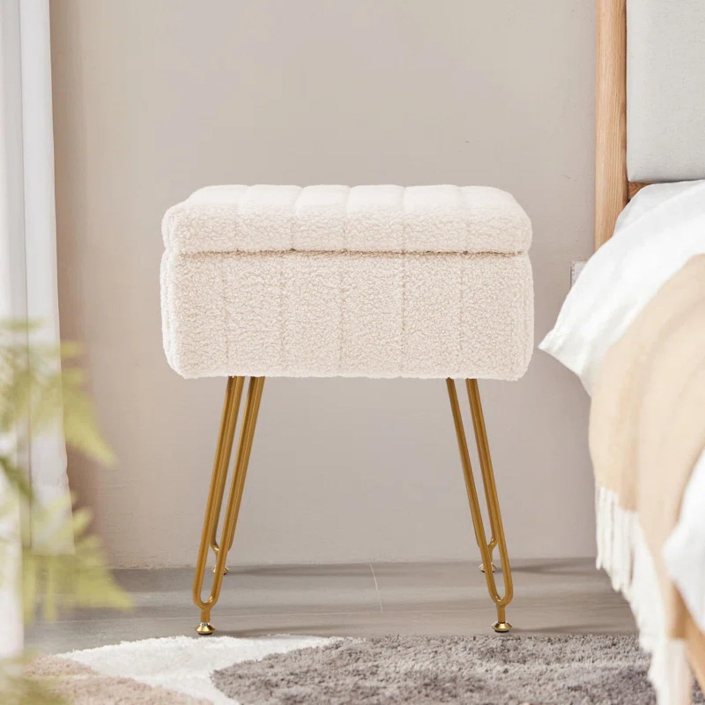 CLICKBIN 16" Teddy Fabric Storage Ottoman, Plush Vanity Stool with Hidden Storage for Bedroom, Living Room, Beige
