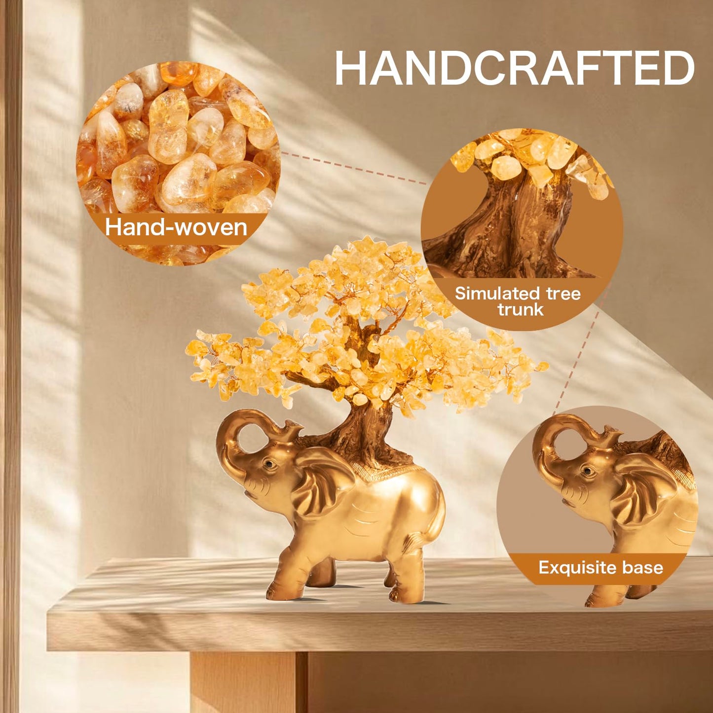 GEMBOURY Citrine Crystal Money Tree on Gold Mini Elephant Statue, 10”Gemstone Bonsai Tree of Life Home Décor Gifts for Wealth Positive Energy, Feng Shui Décor