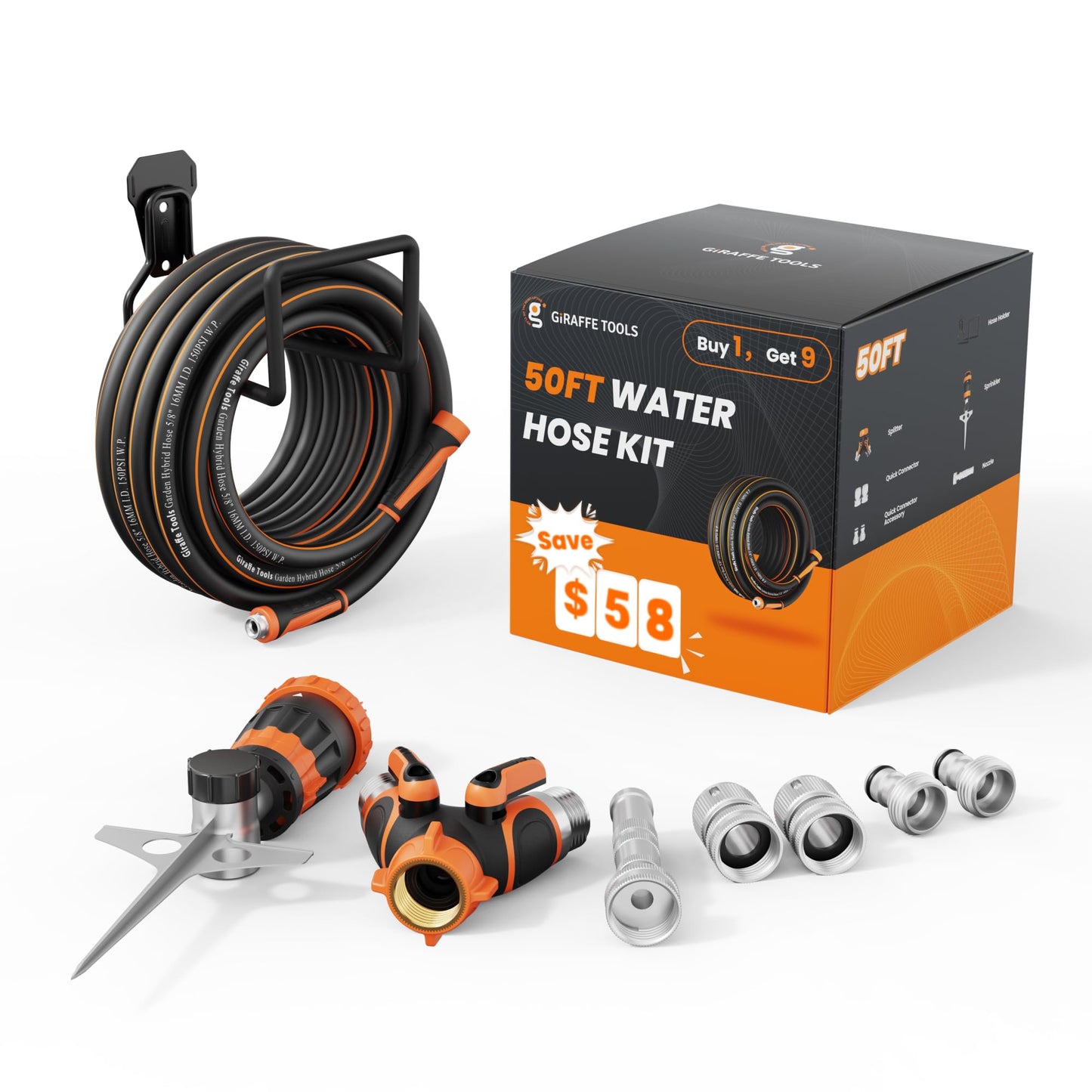 Giraffe Tools Garden Hose 5/8", Water Hose Heavy Duty, Flexible, Lightweight Hybrid Hose with Swivel Handle, with Hose Splitter, Nozzle and Yard Sprinkler, 50ft Male to Female Fittings, Burst 600 PSI