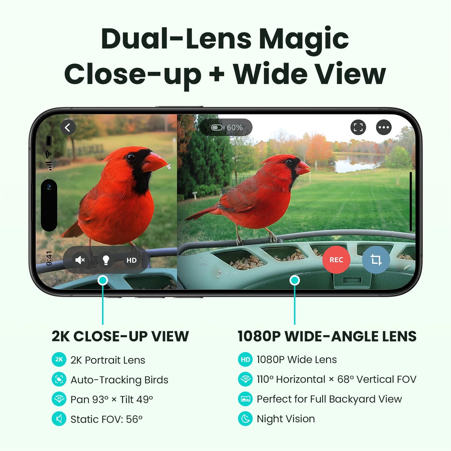 Birdfy 2 Smart Bird Feeder with Camera, AI Identifies 6000+ Bird Species, Dual-Lens 2K+1080P Camera for Live Streaming & Close-Up Photos, Solar-Powered Backyard Birdwatching Gift for Christmas