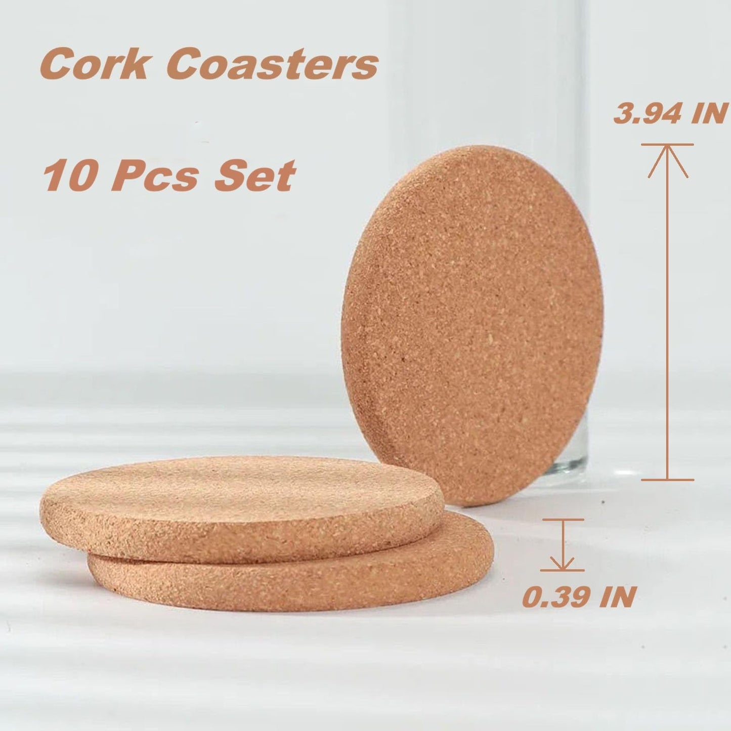 10 Pcs Cork Coasters, Cork Coasters for Drinks, Extra Thick Cork Coaster Set for Cups Mugs Wine Glasses, Non-Slip Coasters for Tabletop Protection