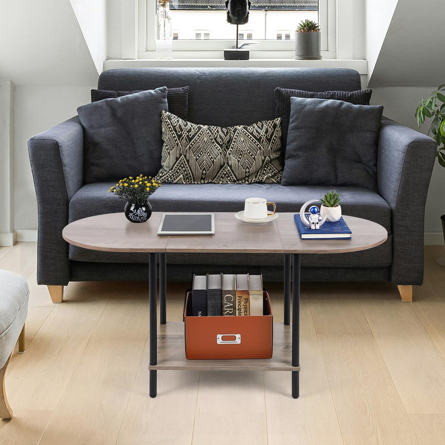 Shinoske Coffee Tables for Living Room,2-Tier Small Oval Center Table Industrial Modern Style Coffee Tables with Storage Shelf and Wood Tabletop for Small Space,Home Office,Rustic Grey