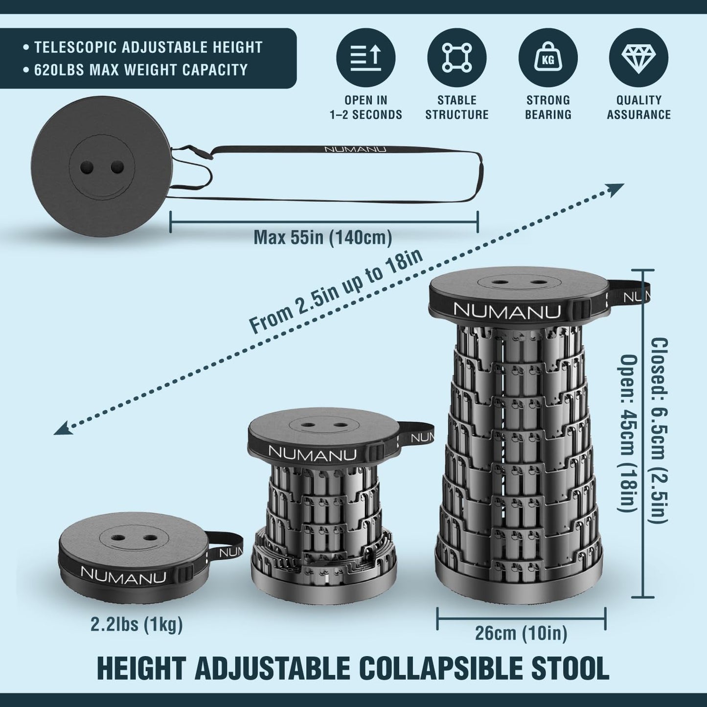 NUMANU 2PK 2026 Upgraded Collapsible Stool, Max 620lbs, 18" H Adjustable Portable Folding Stool for Adults, Retractable Foldable Telescopic Seat Camping Chair or Footrest