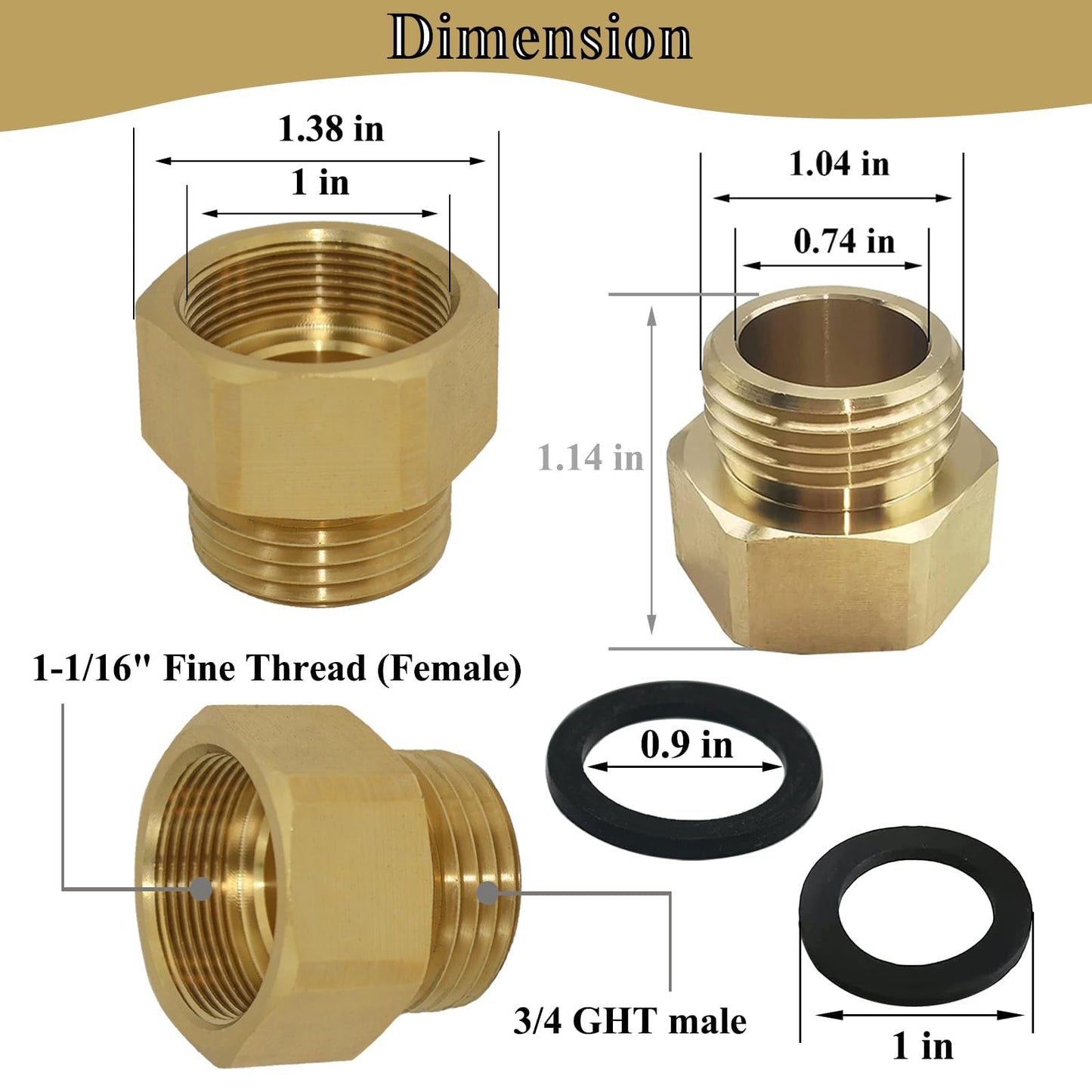 2 Pcs Hose Bib Adapter with Washers 1-1/16" Fine Thread (Female), to 3/4 GHT Male Hoses, 1'' ID, Faucet Fitting