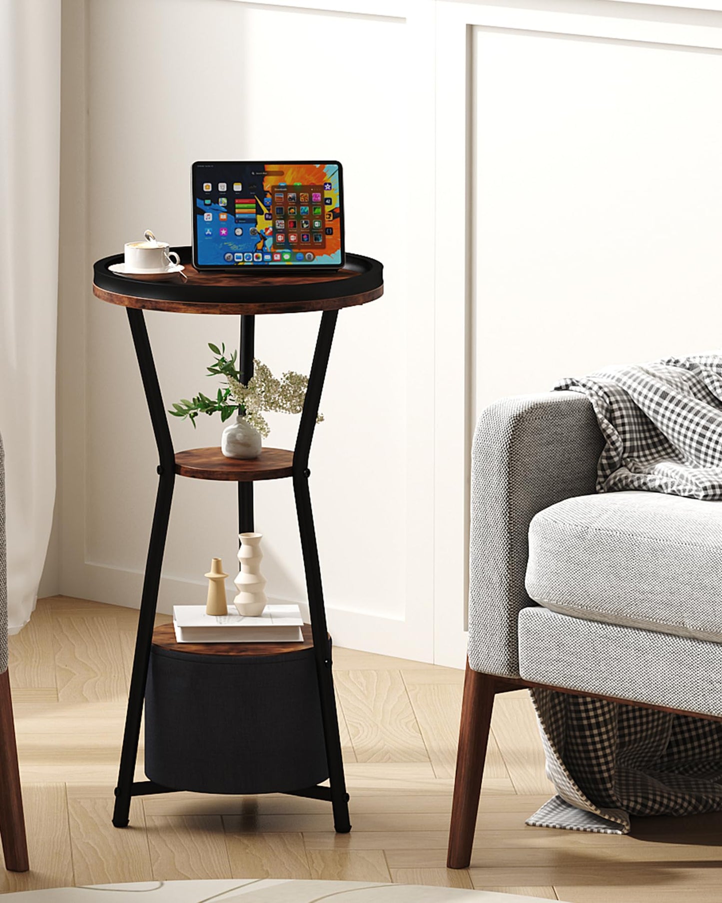 Yusong Round Side Table, Small Drink Table for Small Spaces, 3-Tier Industrial End Table, Accent Nightstand Bedside Table for Living Room, Bedroom, Sofa Couch, Rustic Brown