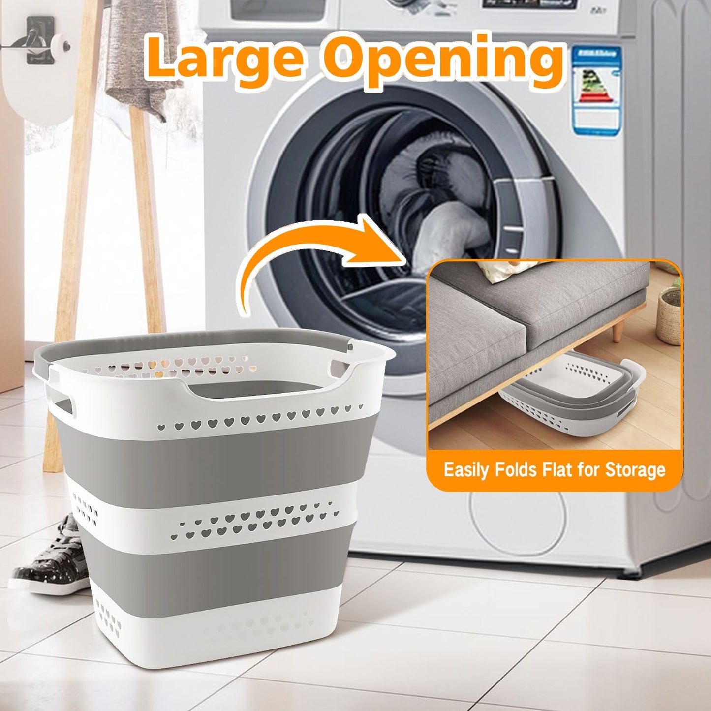42L Medium Collapsible Plastic Laundry Basket with Handles, Foldable Laundry Basket Hamper, Pop Up Storage Container Organizer for Washing Storage (Gery, 17 Inch * 13 Inch * 15 Inch)