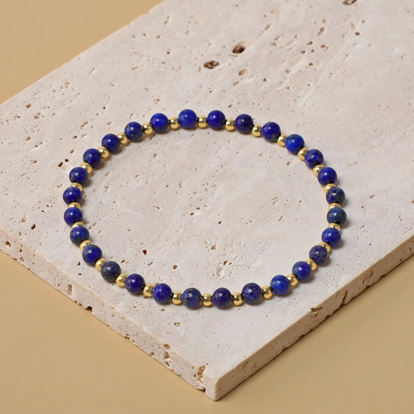 QOGIR Lapis - Stone of Spiritual Insight - 14K Gold Plated Beads Natural Gemstone Stretch Elastic Dainty Healing Beaded Bracelets Gifts 4mm