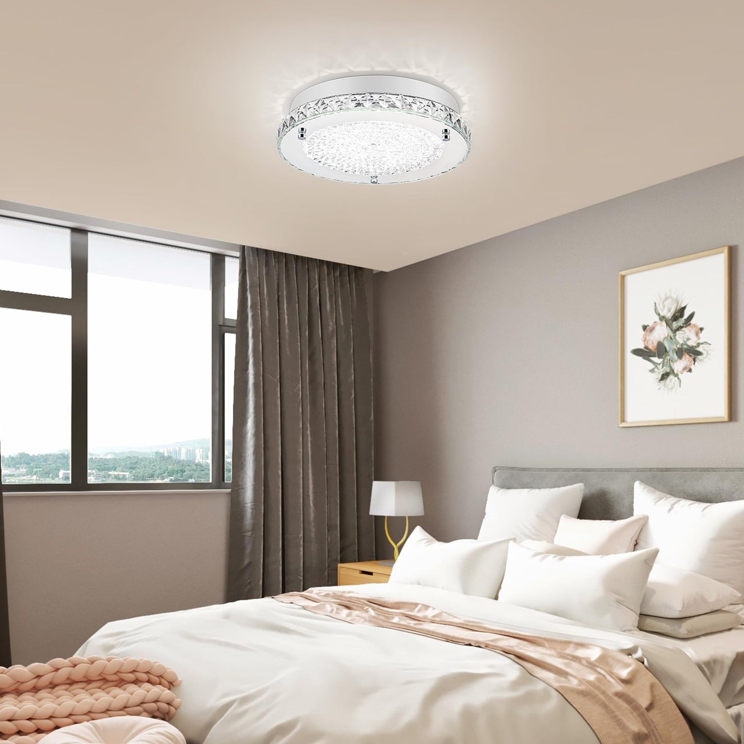 Lzawvm Crystal Flush Mount Ceiling Light 18W LED Dimmable Modern Ceiling Light for Bedroom, Closet, Foyer, Hallway, Dia 11 Inch, 3 Color Change