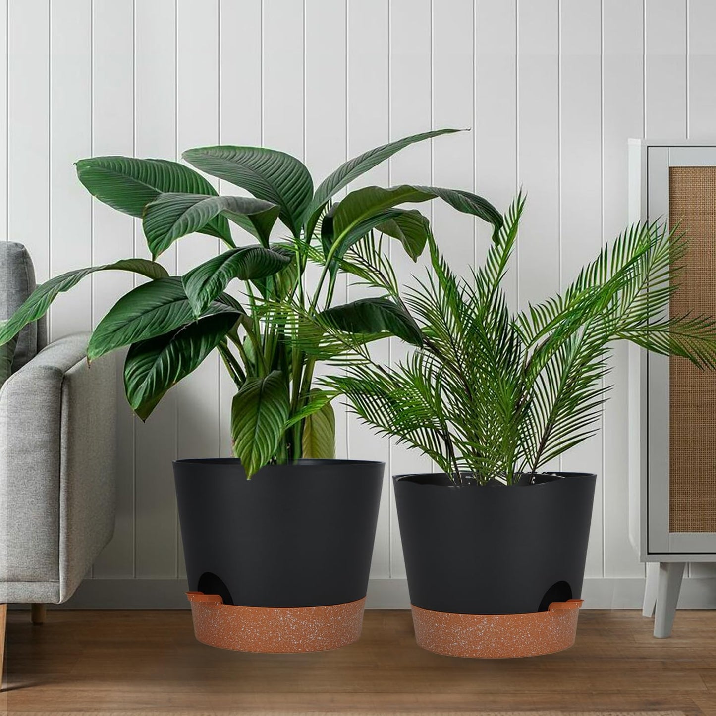 SwinDuck 12inch Large Self Watering Plant Pot, Plastic Cylinder Planter with 60Oz Deep Reservoir and Saucer for Indoor Outdoor Plants Flowers Houseplants, Black with Brown