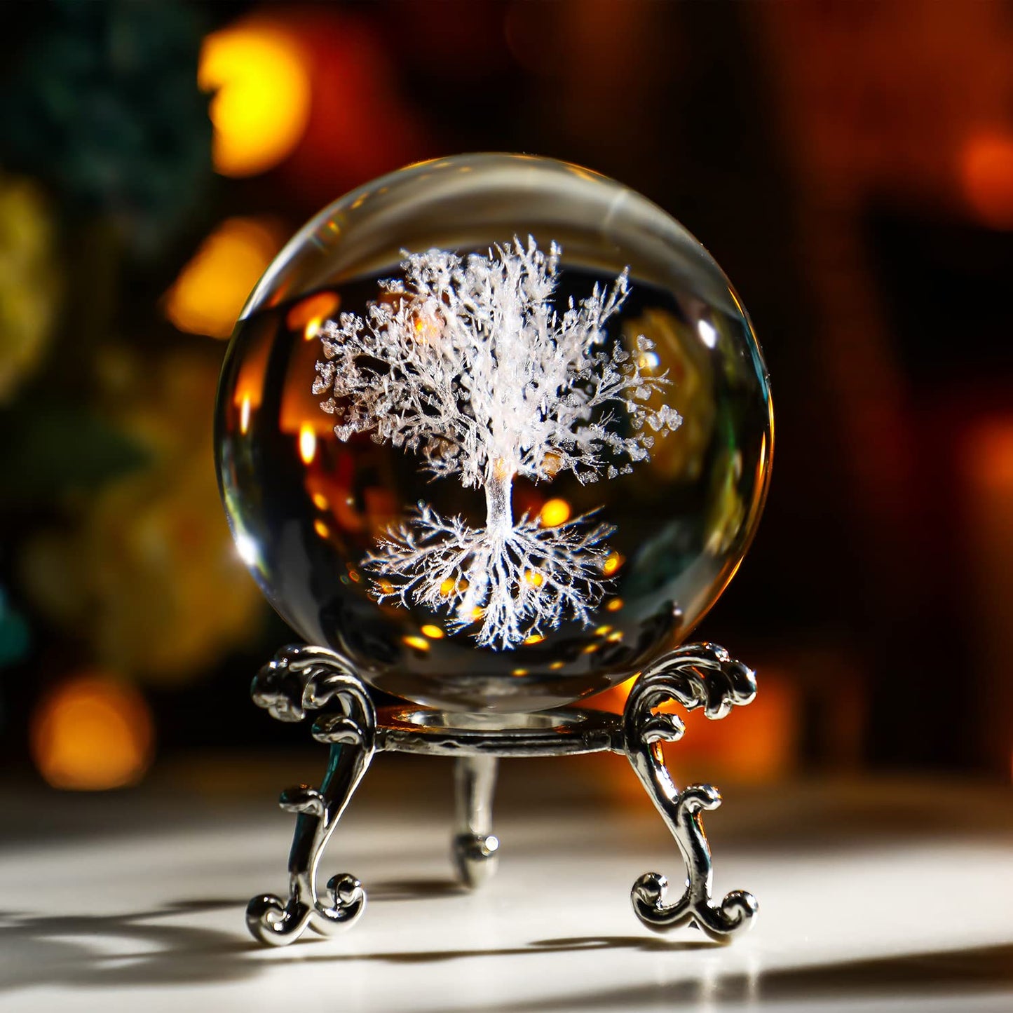 H&D HYALINE & DORA 60mm Tree of Life Crystal Ball with Stand Decorative Paperweight 3D Laser Engraved Glass Plant Life Tree Sphere Novelty Home Decor