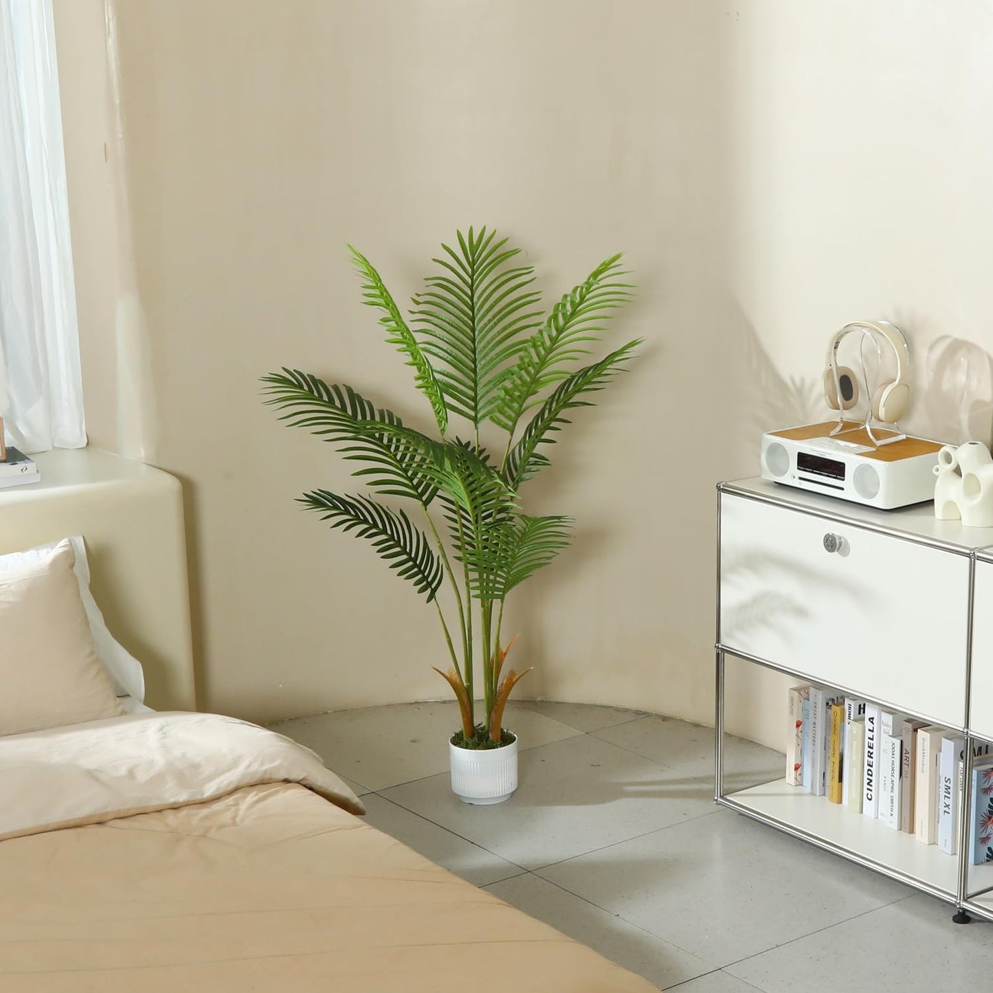 4FT Artificial Palm Tree Indoor with White Pot, Realistic Leaves, 9 Trunks Adjustable Branches, Tall Faux Fake Palm Plant, Ideal for Living Room Bedroom Office Home Interior Aesthetic Decor