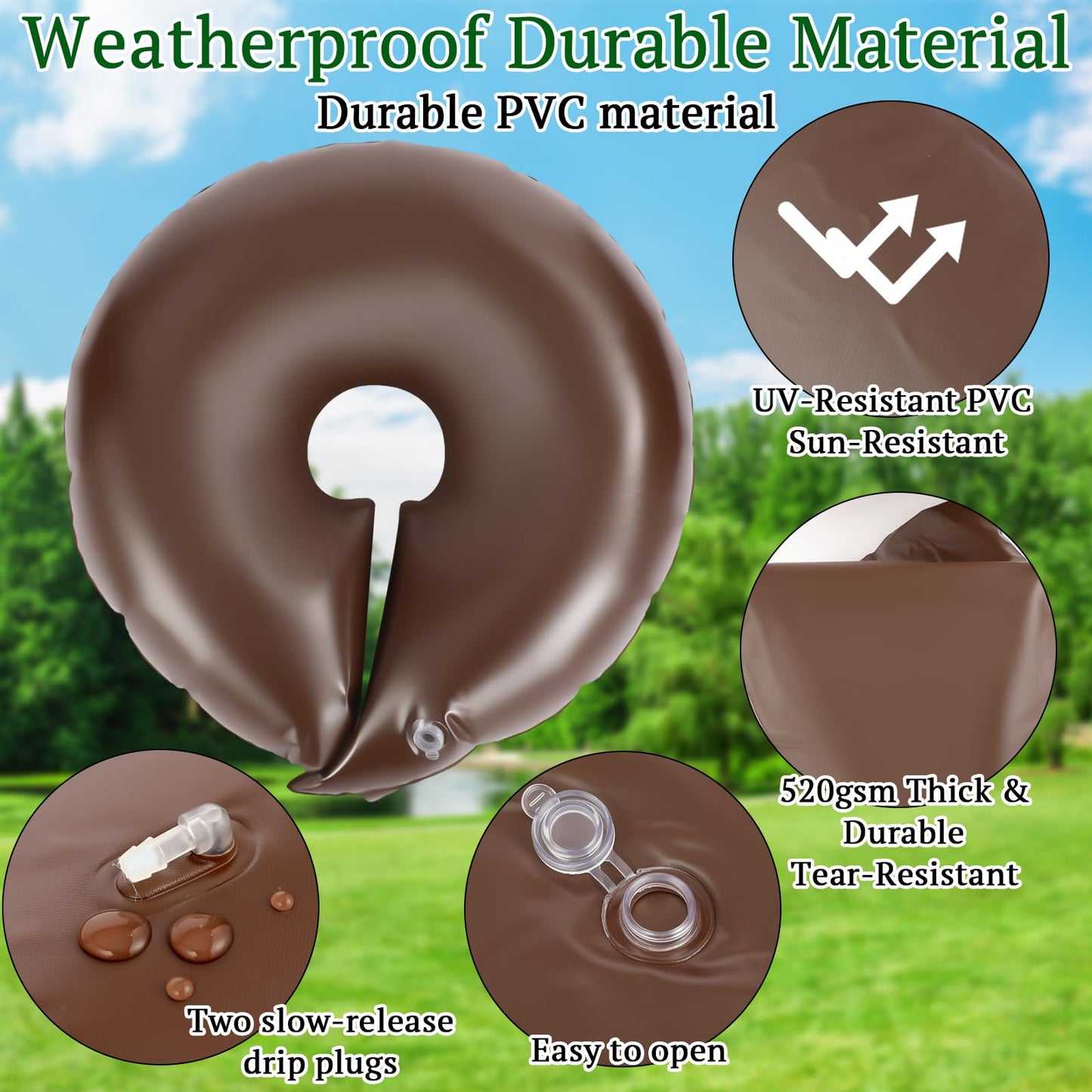 Sunnychicc 4 Set Tree Watering Ring 20gal Watering Bags with Coconut Fiber Mulch Ring – Deep Root and Slow Release Automatic Drip Irrigation System for New Trees, Multi-Trunk Trees and Shrubs