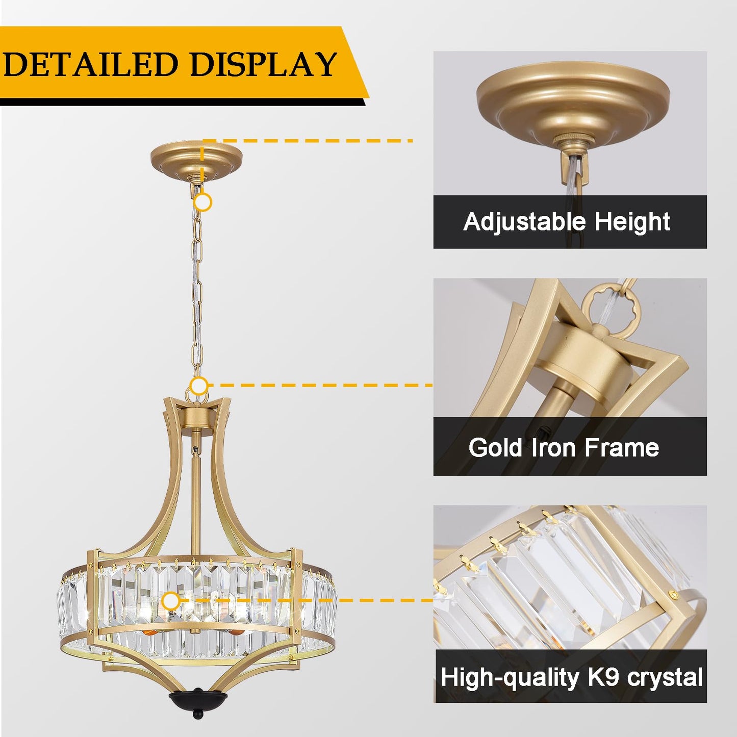 Kaniker 5-Light Crystal Chandelier Ceiling Light Fixture with Adjustable Height, Gold Drum Pendant Light for Dining Room Light Fixture, Kitchen Island, Bedroom, Living Room, Elegant Modern Lighting
