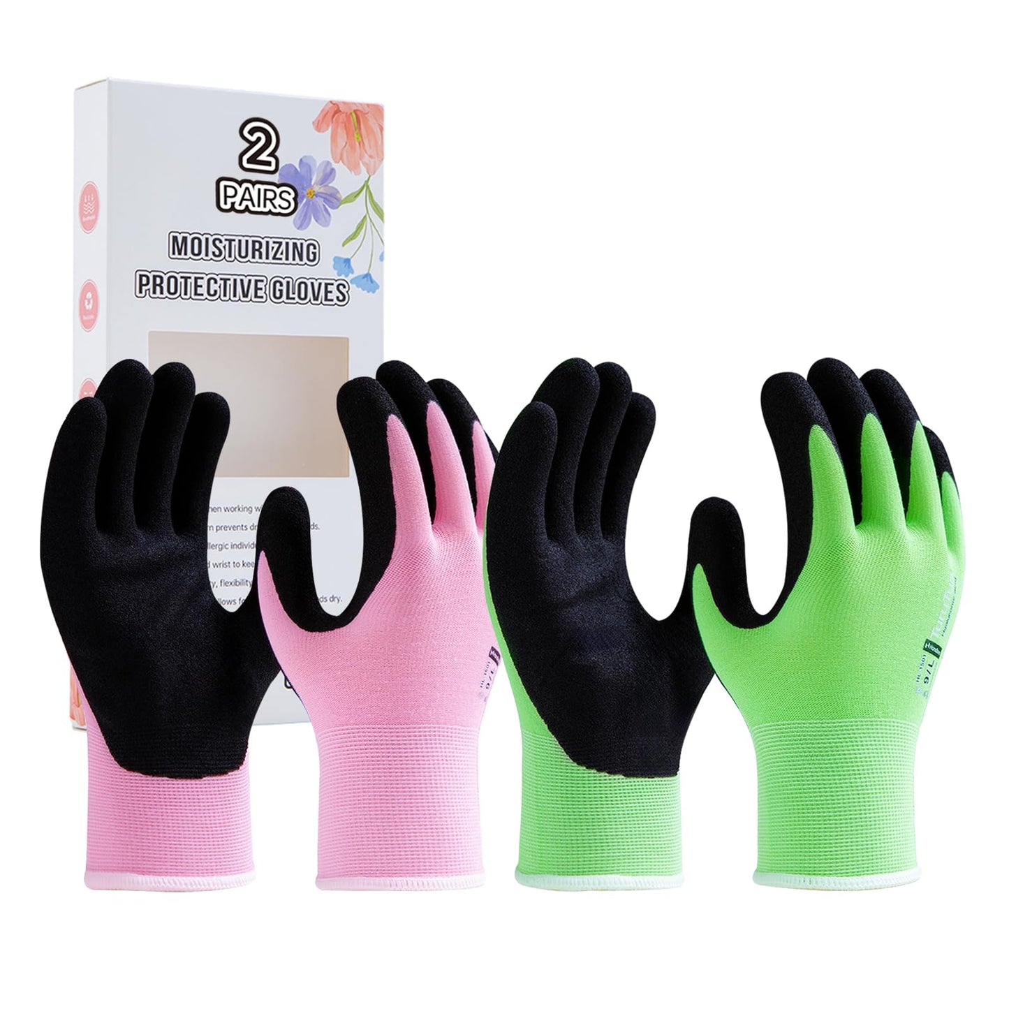 HandLove Gardening Gloves for Women, 2 Pairs, Hyaluronic Acid Moisturizing Gloves, Breathable Nitrile-Coated Grip, Latex-Free Touchscreen, for Weeding, Planting & Yard Work, Large, Pink&Green